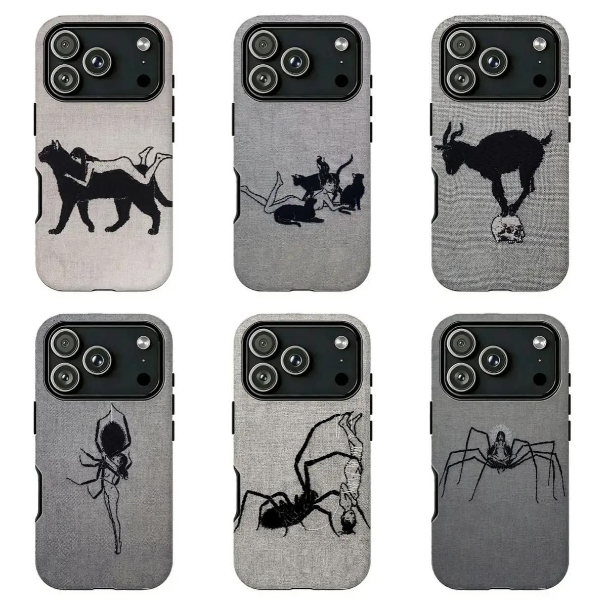 Antique Witch Spider Goat Black Cat Line Art Tough Protective Phone Case, Scratch Resistant Linen Texture Print Gift For Gothic Alt Girls, For iPhone 11 12 13 14 15 16 17 Pro Max For Samsung S26 S25 S24 S23 S22-Gift For Her/Him/Anime lovers