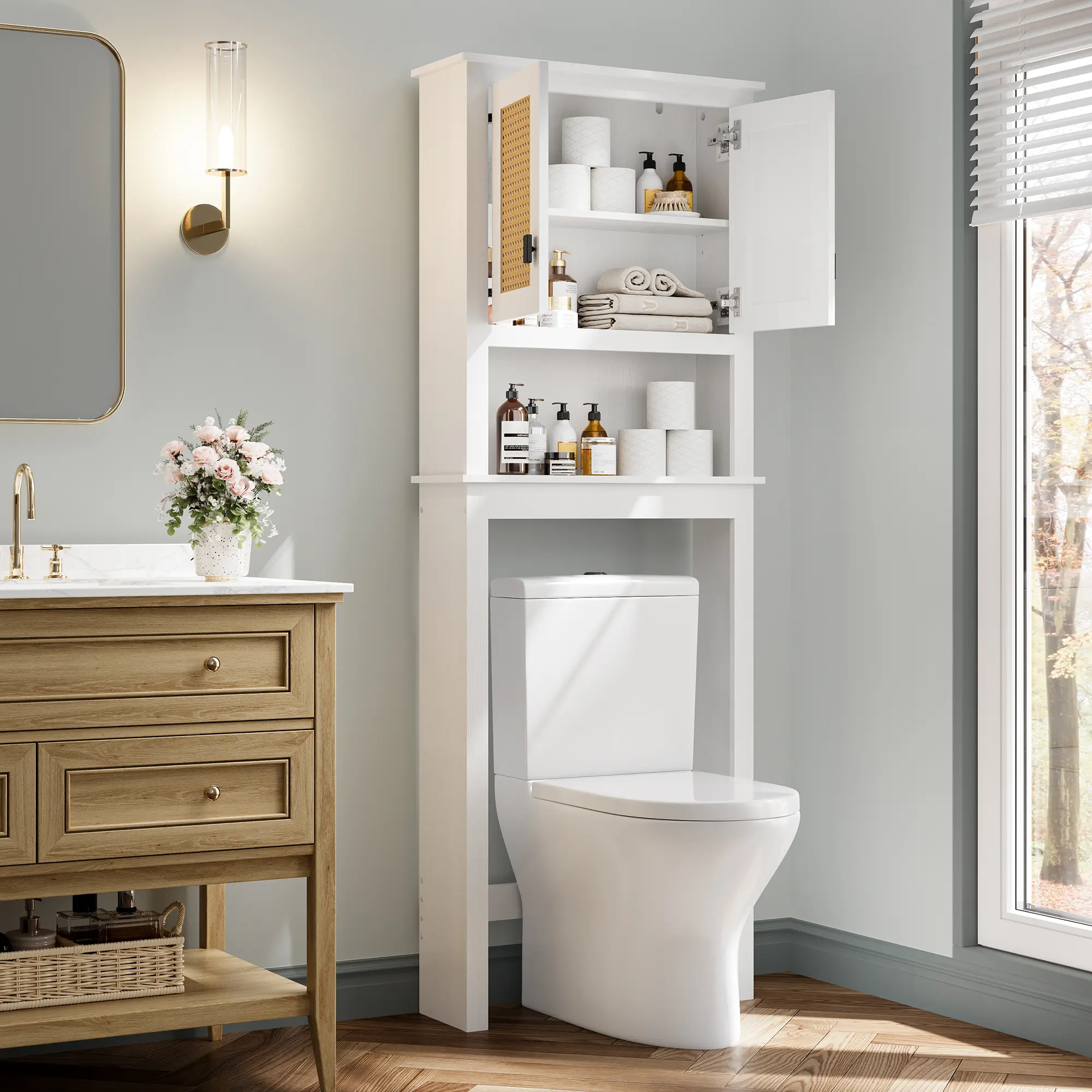 Space-Saving White Wood Over-the-Toilet Storage Cabinet with Rattan Doors - Adjustable Shelf Freestanding Bathroom Organizer Rack