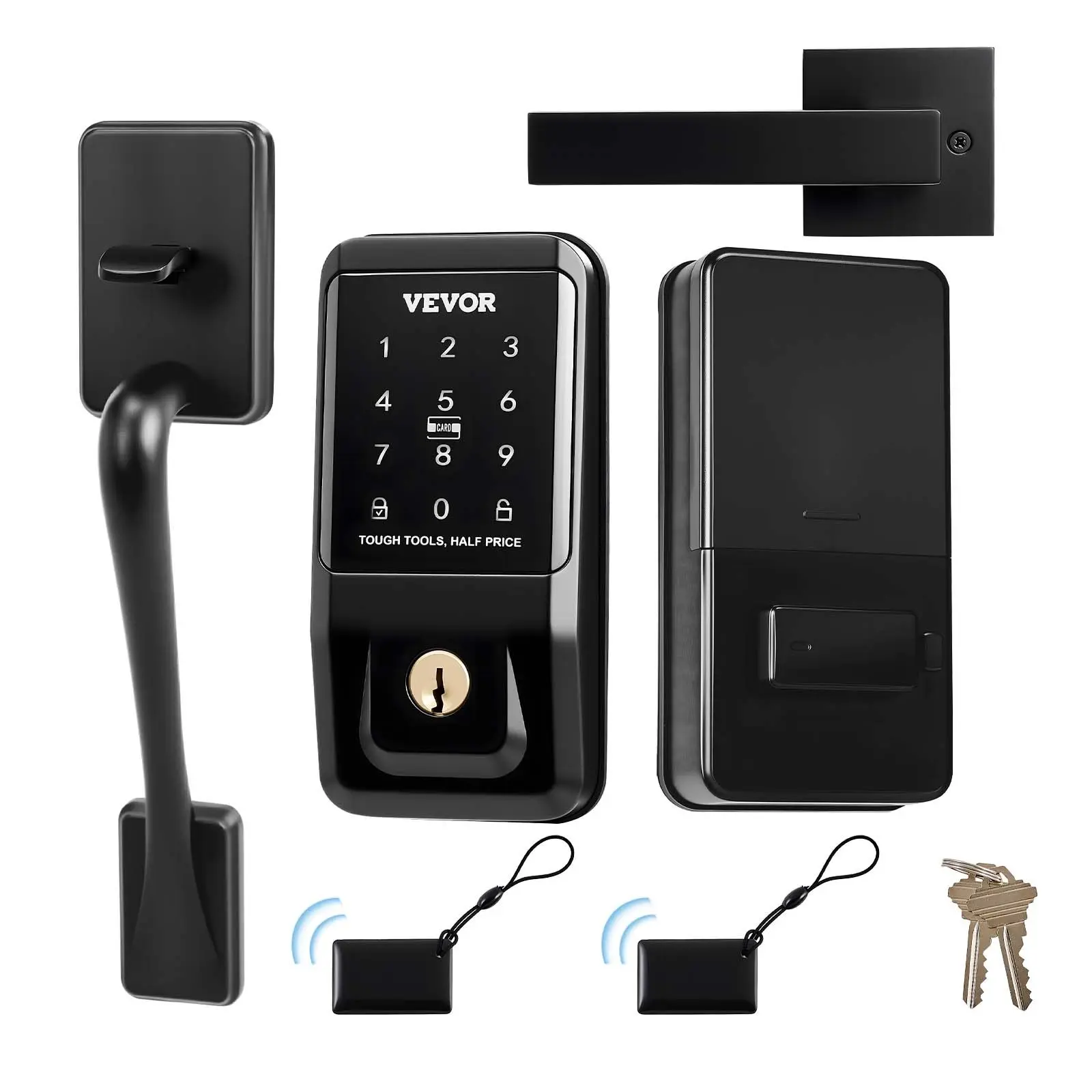 VEVOR Aluminum Alloy Door Locks, Keyless Entry Handle Set with Touchpad Electronic Deadbolt, IC Card Lock, Customizable User Codes, Keyed Entry, Auto Locking, Anti-Peeping Password, Backlit, for Home, Matte Black, Rectangular Panel