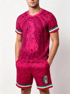 Large Size Men's Mexican Guadalupe Virgin Mary Print T-Shirt and Shorts Set, Summer Casual Sports, Two-Piece Ensemble