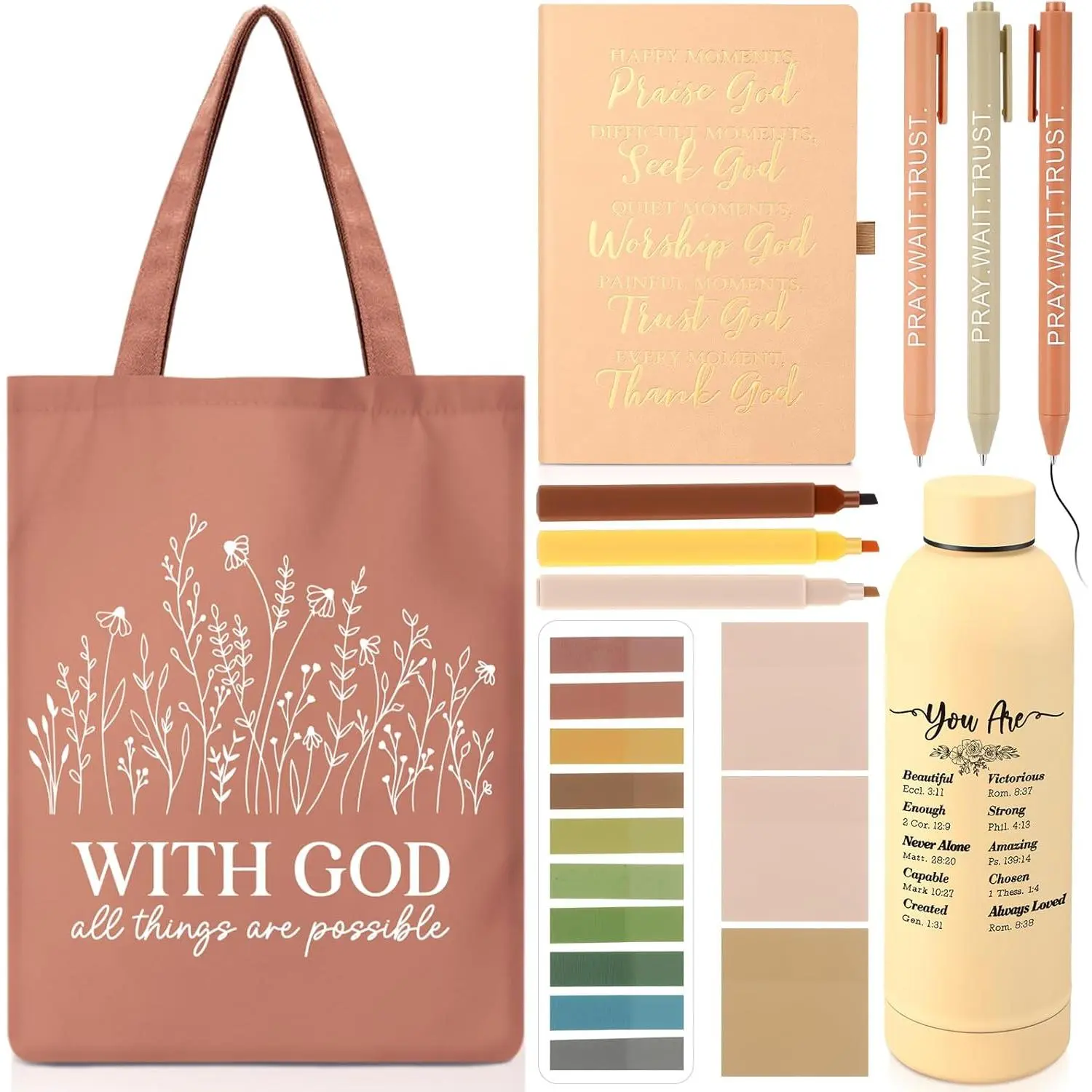 11 count Christian Gifts Set,  Study Journal Kit with Tumbler, Notebook, Highlighter, Bag, Religious  Faith Encouragement for Birthday Church Teacher  to School(Brown)