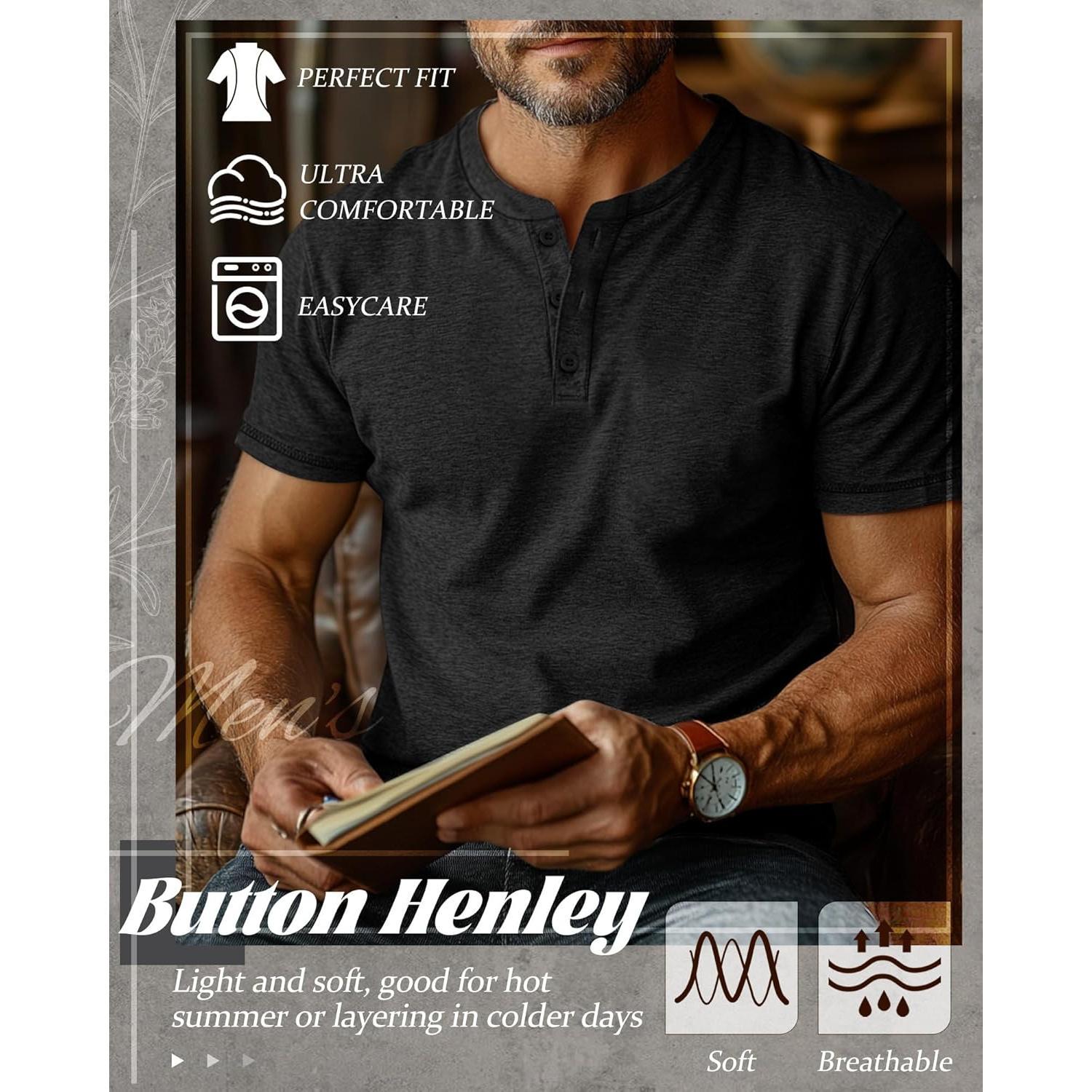 3 Pack Men's Big & Tall Henley Short Sleeve Shirts, Cotton Crew Neck Casual Button T-Shirts Summer Basic Tees Tops Menswear Tshirt