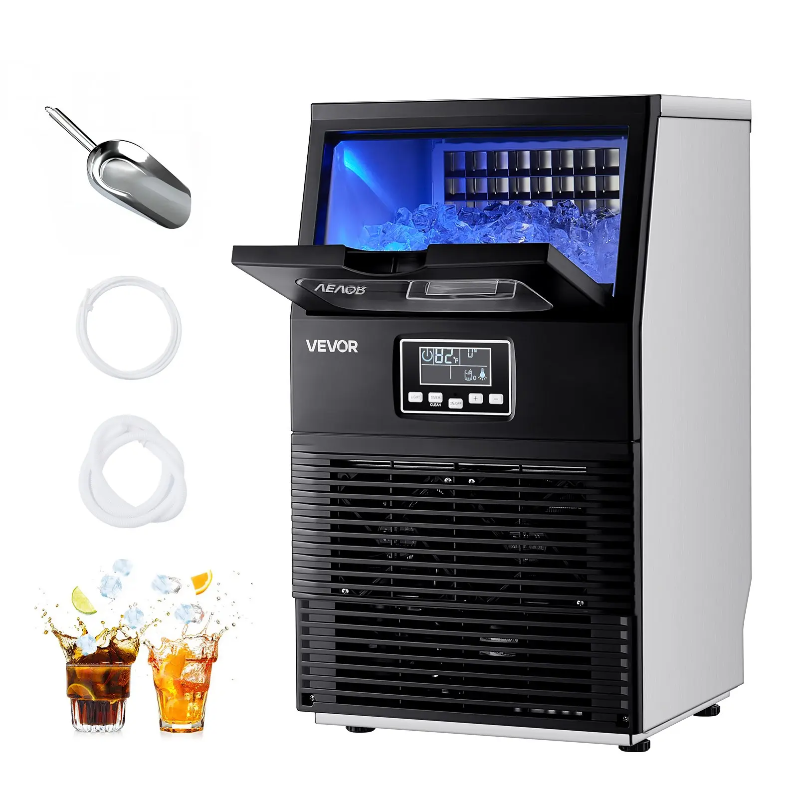 【Summerfinds】VEVOR Commercial Ice Maker Machine, 80 lbs/24h with 12Lbs Storage, 32 Cubes per Cycle, Stainless Steel Freestanding & Countertop Ice Maker with LED Display & Self-Cleaning, for Home Bar Restaurant, Sliding Door, Automatic, Noise Level: ≤