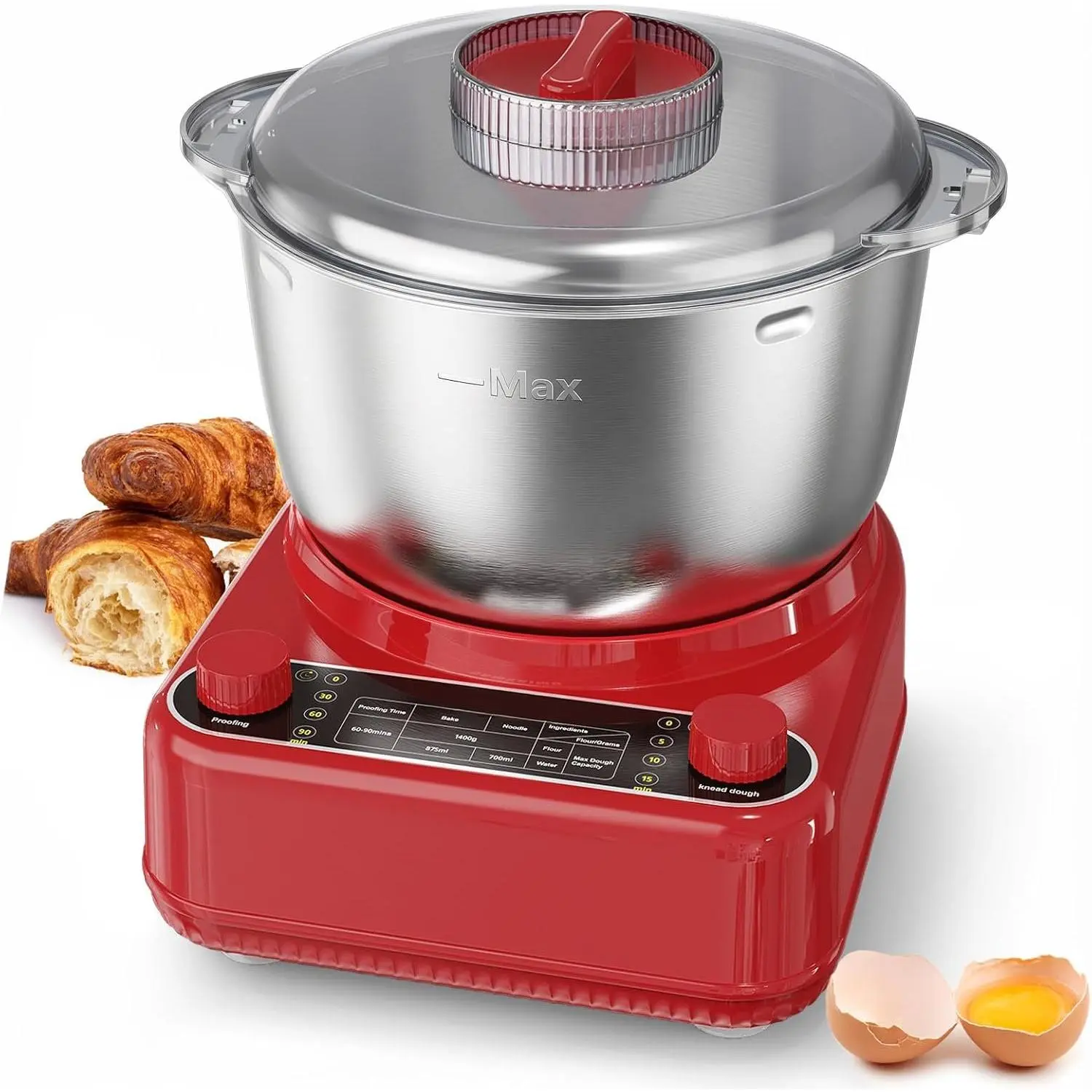 Electric Dough Maker with Ferment Function, 6.5QT Stand Dough Mixer, Dough Kneading Machine with 304 Stainless Steel Bowl, Removable Lid & Knob Control, Ideal for Bread, Pizza, Pasta - Empire Red