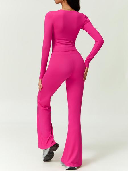 Women's Patchwork High Elastic Deep V-Shaped Collar Detachable Chest Pad Long Sleeve Oblique Waist Slim Fit Flared Pants Yoga Clothes suit Sweatsuit Set Outdoor Running Cycling Walking Gym Sports Training