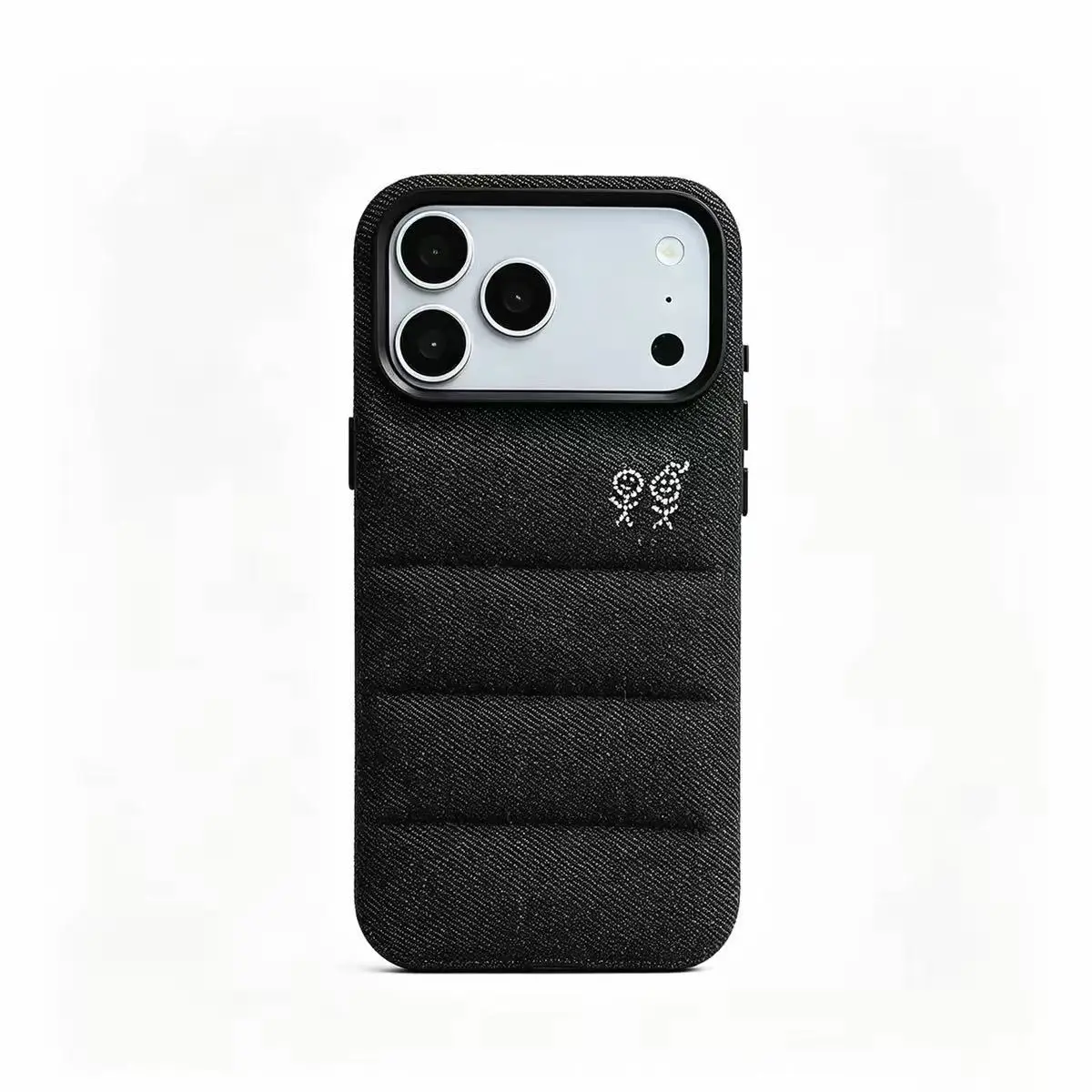 Denim Puffer Phone Case For IPhone 17, Rhinestone Mini Figure Embroidery Shockproof Protective Cover With Raised Camera Lens Protection