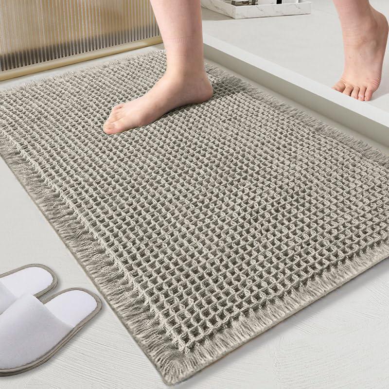 Boho Style Waffle Bath Mat, 1/3 Counts Non-slip Washable Bath Rug, Super Absorbent Bath Mat, Boho Area Rug, Soft Shower Mat for Bathroom Floor, Tub and Shower, Washable Rugs
