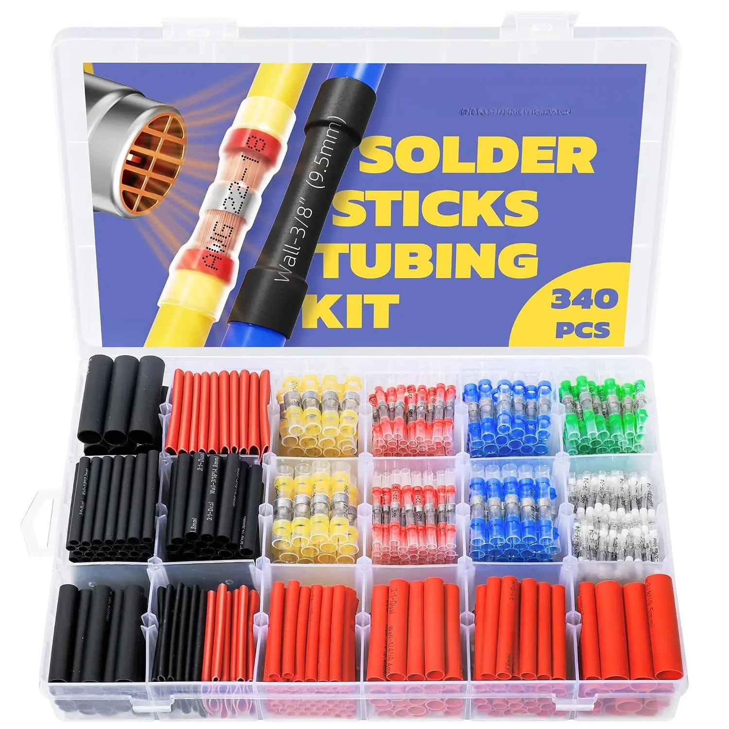 340 count Solder Seal Connectors Kit with 3:1 Heat Shrink Tubing | Clear Sleeves, Wire Gauge Markings, 6 Diameters, Black and Red , 1.75-Inch Lengths, Automotive Wiring