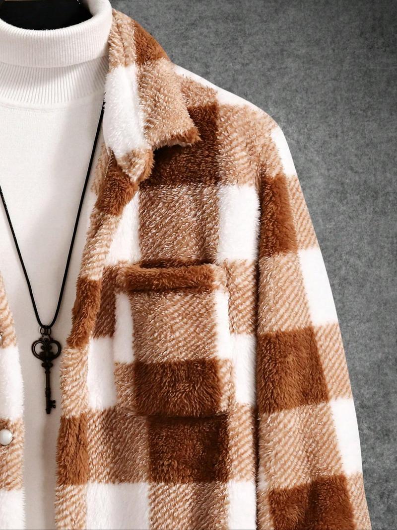 Men's Plaid Pattern Button Front Plush Jacket, Casual Drop Shoulder Long Sleeve Outerwear for Fall & Winter, Men's Clothes for Daily Wear, Coats