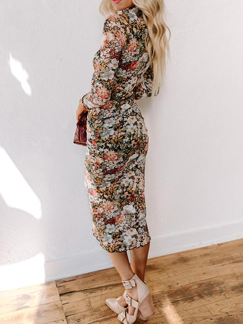 Women's Ditsy Floral Print Long Sleeve Bodycon Casual Chic Fitted Dress, Elegant Fashion Casual Dress for Daily Outdoor Wear, Women Dress for All Seasons