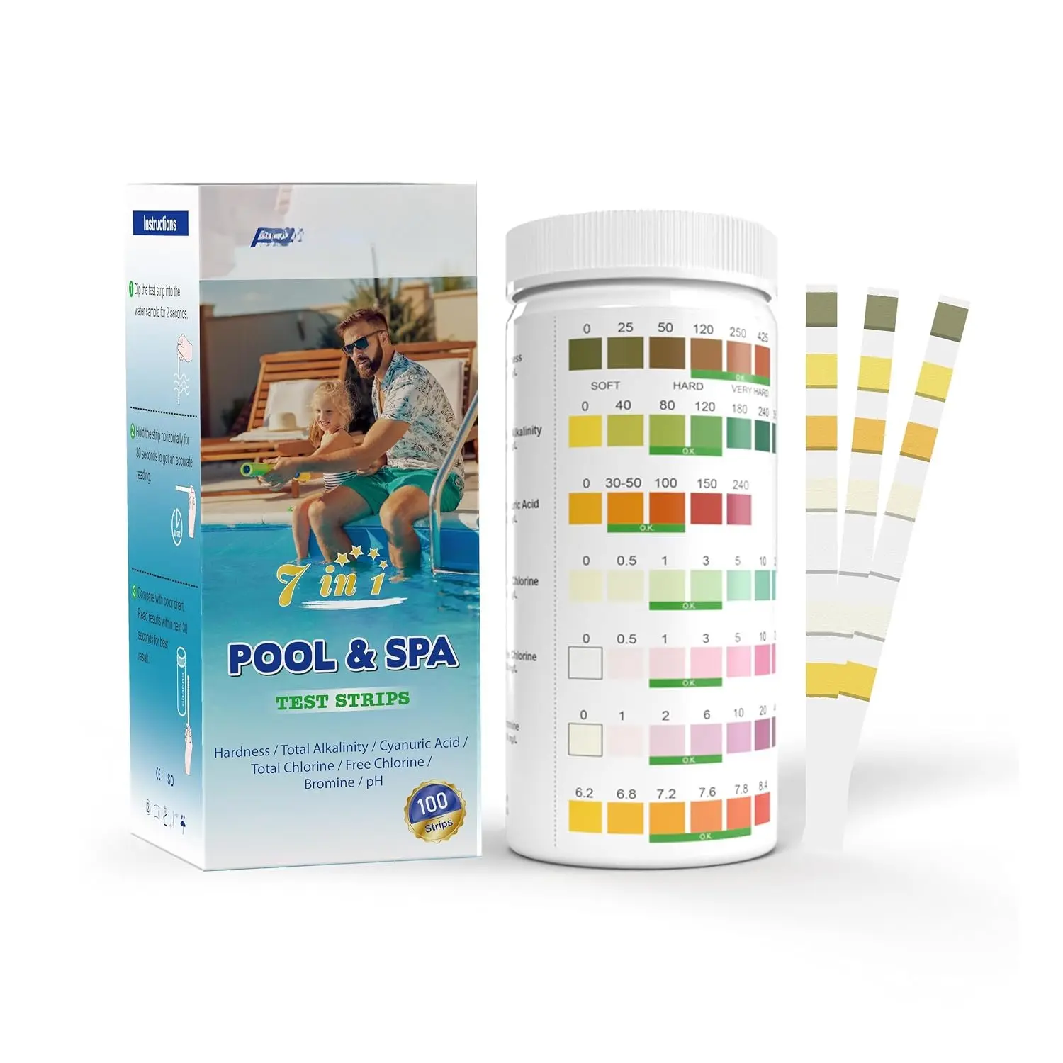 100-Count 7-Way Synthetic Pool & Hot Tub Water Test Strips - Rapid Testing & Analysis for Accurate Bromine, pH, Free Chlorine, Alkalinity, Hardness & Cyanuric Acid Checks