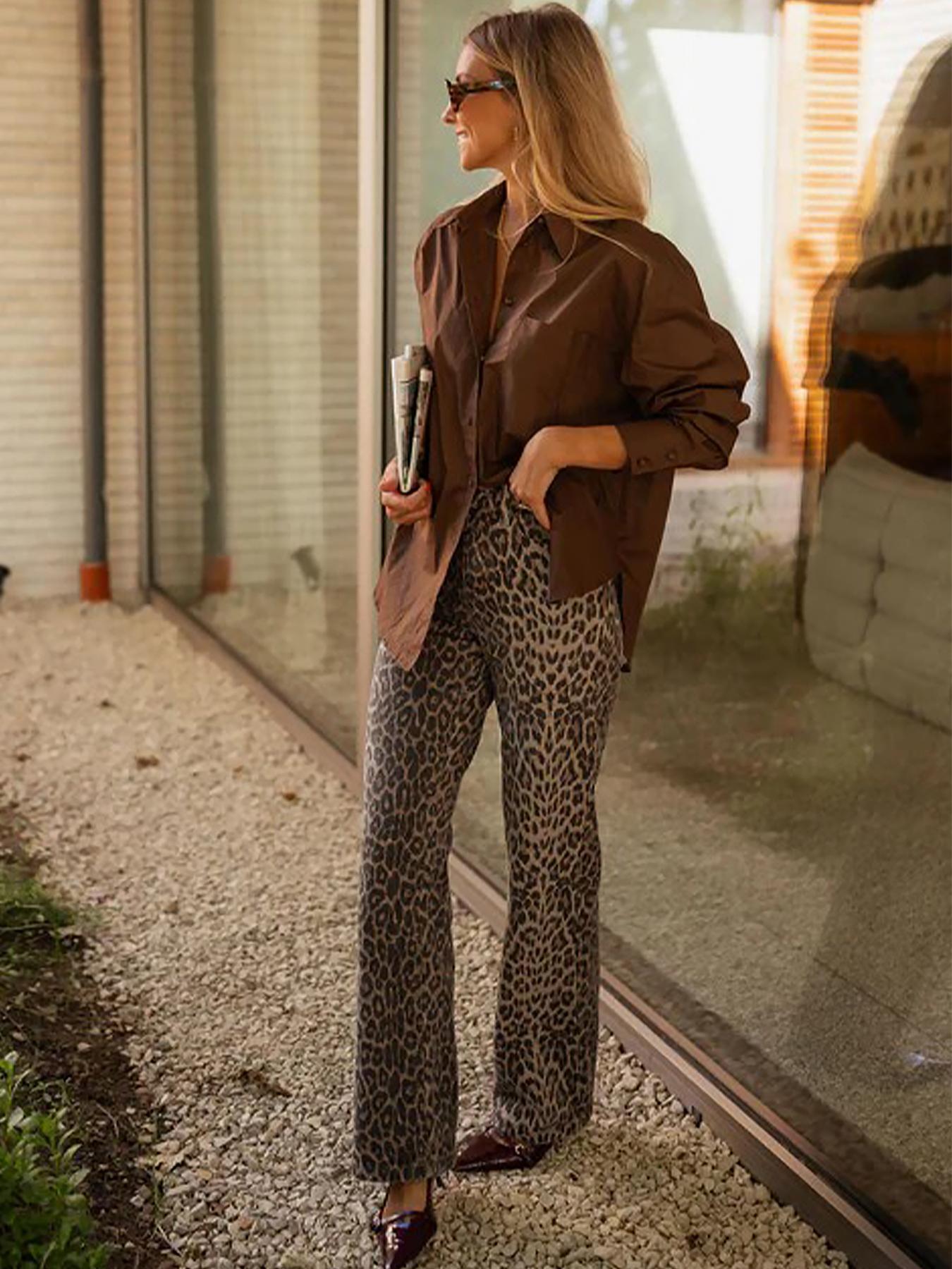 Women's Leopard Print Straight Leg Pants, Casual Comfy Trousers for Spring & Fall, Fashion Women's Bottoms for Daily Wear, Casual Bohemian Trousers, Boho Casual Trousers