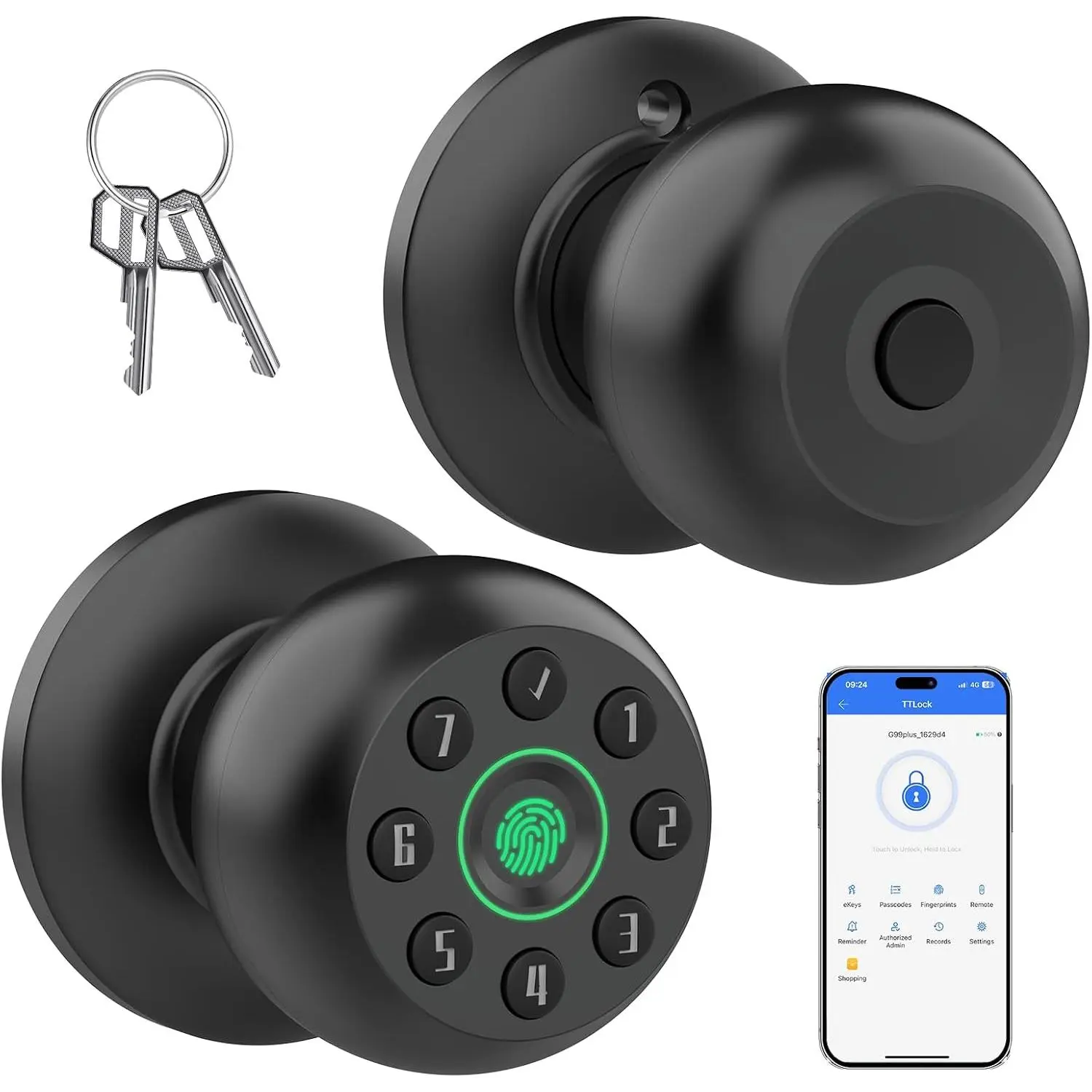 Door Knob, Door Knob, Biometric Door Knob with Code, App, Auto Lock, Door Lock,Thumb Print Door Knobs for Bedroom, Office, Apartment