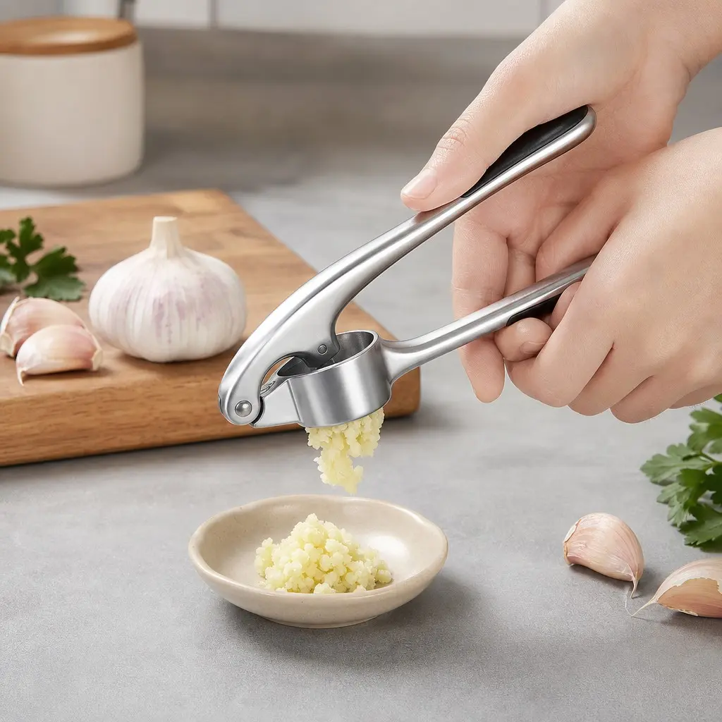 Durable Stainless Steel Garlic Press, Multi-Functional Metal Garlic Crusher, Washable Garlic Grinder, Food Safe Kitchen Tool