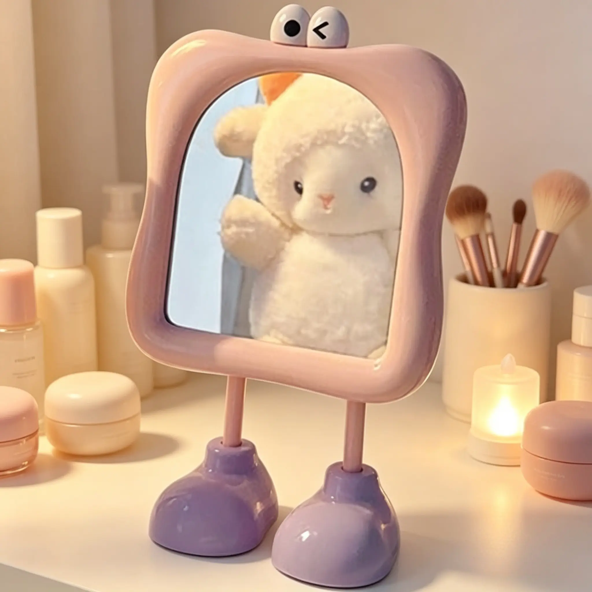 180° tiltable cartoon bigfoot makeup mirror with cute eye ornament and anti-slip stand. Slim lightweight structure fits dressers & desks, easy to carry on trips, perfect aesthetic table mirror for girls’ daily beauty routine.