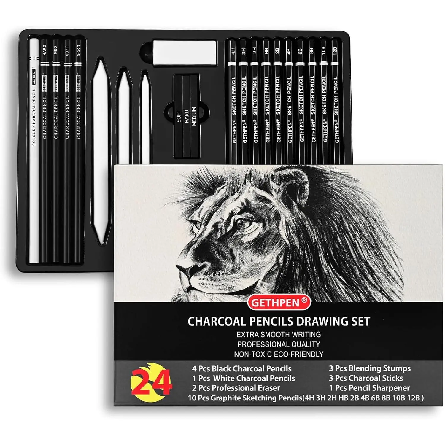 Drawing Sketching Pencil Set, 24 Piece Pro Artist Sketch Kit - Graphite Pencils (12B-4H),Charcoal Pencils for Drawing,Black and White Charcoal Pencils,Charcoal Sticks,Stumps,Eraser,Sharpeners