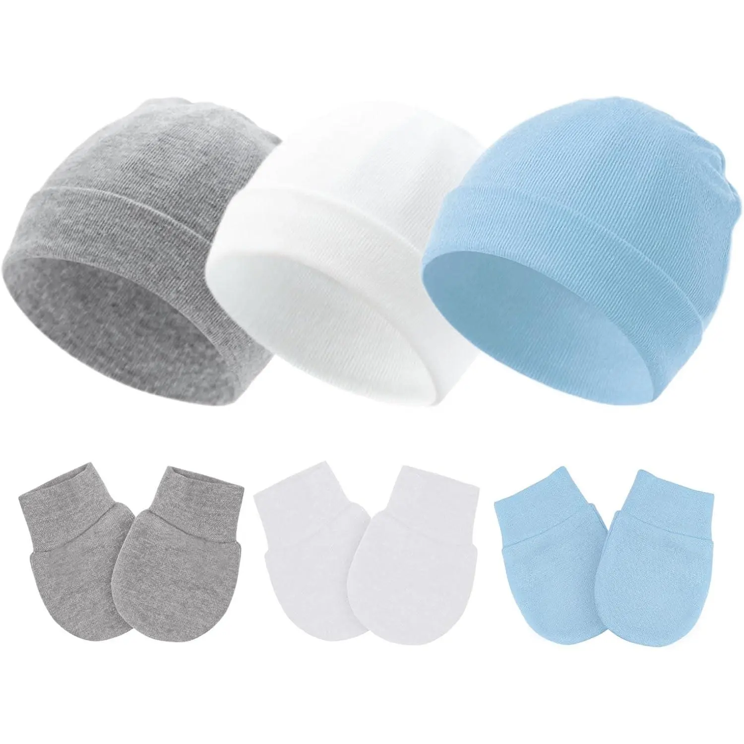 Solid Color Soft Cotton Baby Beanies and No-Scratch Mittens Set, Adjustable Fit for Newborns 0-6 Months, Unisex Infant Gift, Breathable Beanie, Infant Beanie