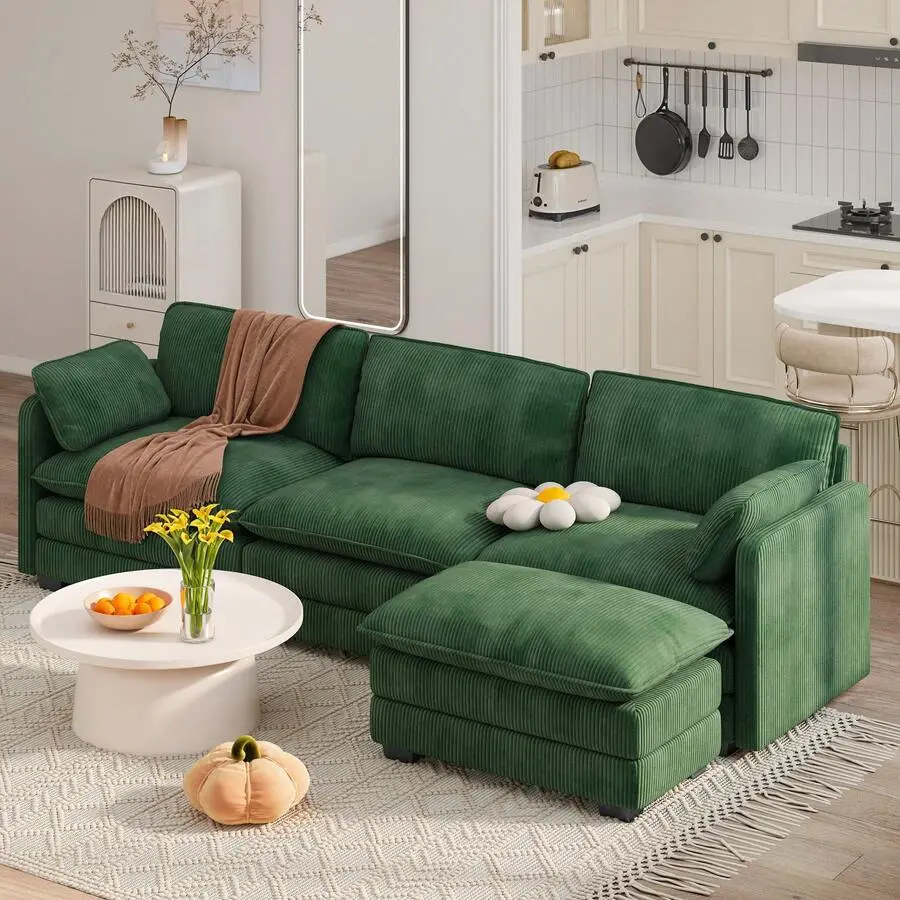 [2 Packages Shipping]3-Seater Living Room Sofa, Sectional Couch, Modular Combination Sofa With Double Layer Cushions And Ottoman, Comfy Cloud Deep Seat Couches Sofa With 2 Pillows, Armrest Pillows Living Room