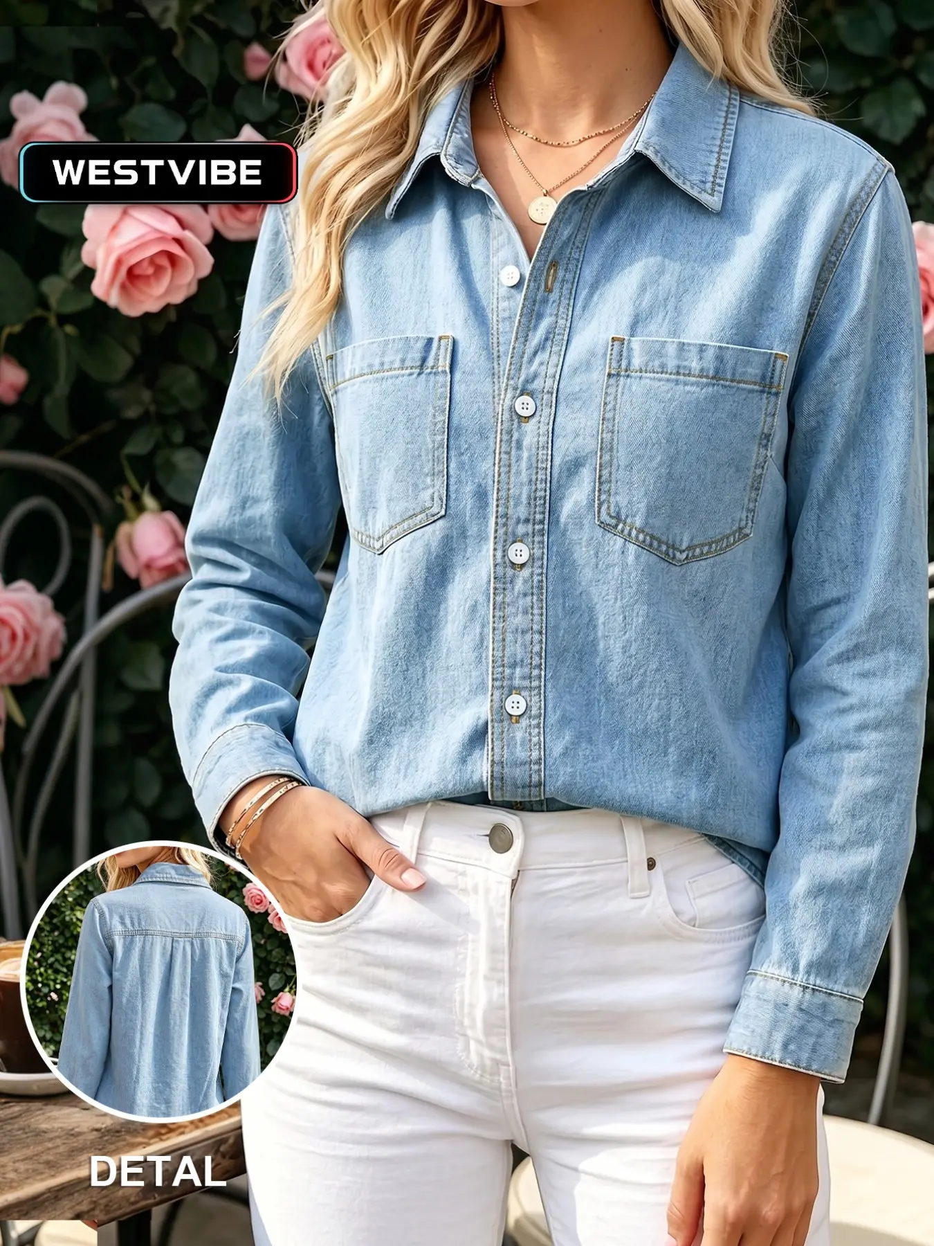 Women's Cropped Denim Shirt, Long Sleeve Collared Button Down Blouse, Double Chest Pockets, Casual Light Wash Jean Top