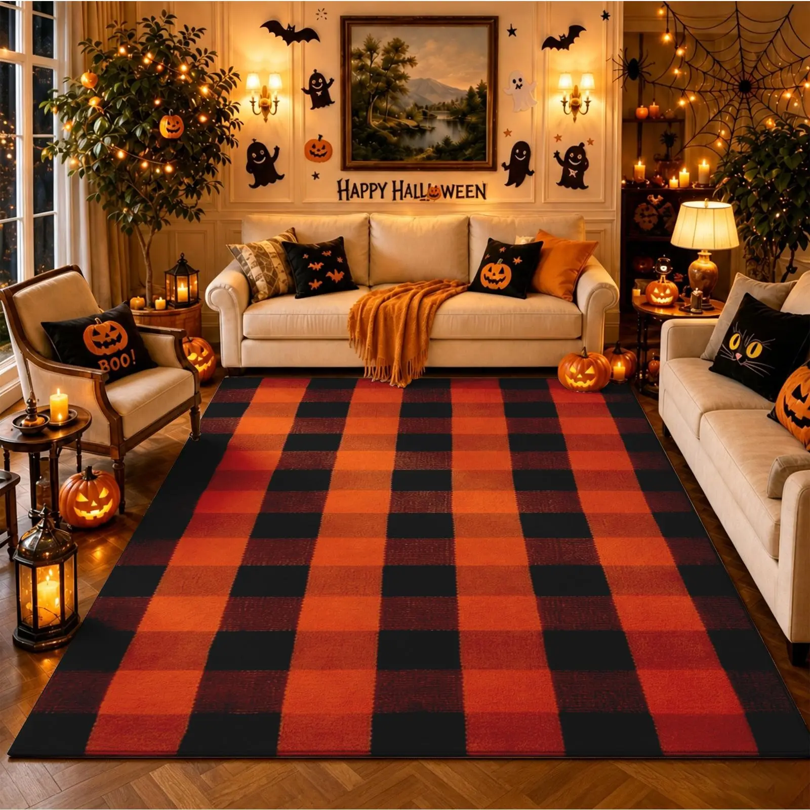 Classic Orange and Black Buffalo Plaid Area Rug, Soft Plush Non-Slip Machine Washable Carpet, Cozy Fall Halloween Room Decor for Living Room Bedroom Dining Room Office, Halloween Christmas Housewarming Holiday Home Decor