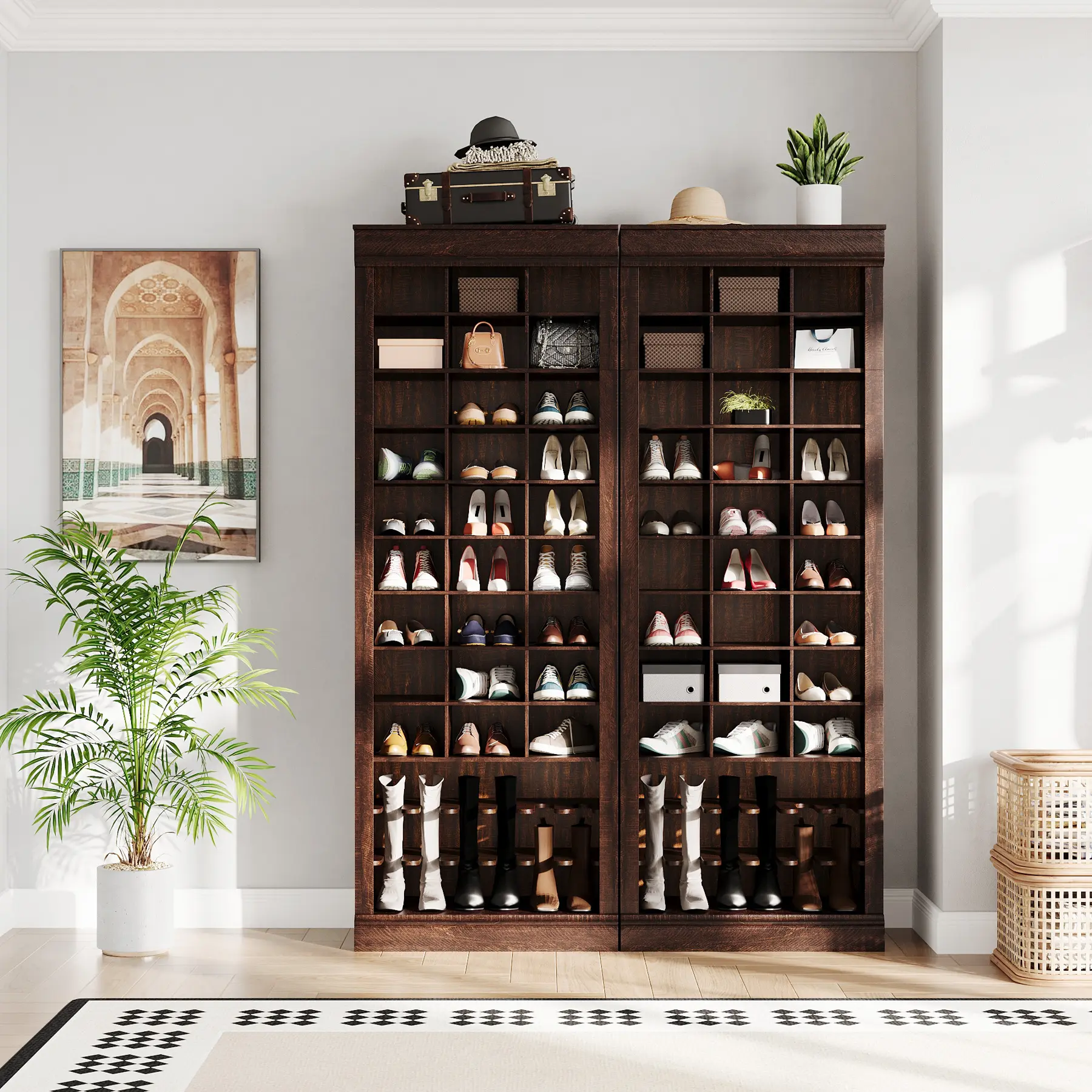 Rustic Farmhouse 10-Tier Slim Profile Rectangle Shoe Storage Organiser, Space-Saving Wooden Unit with 27 Cubbies, Dedicated Boot Racks & Keys+Wallet Ready Design, Stores Up to 32 Pairs for Entryway, Hallway, Waterproof Wipe