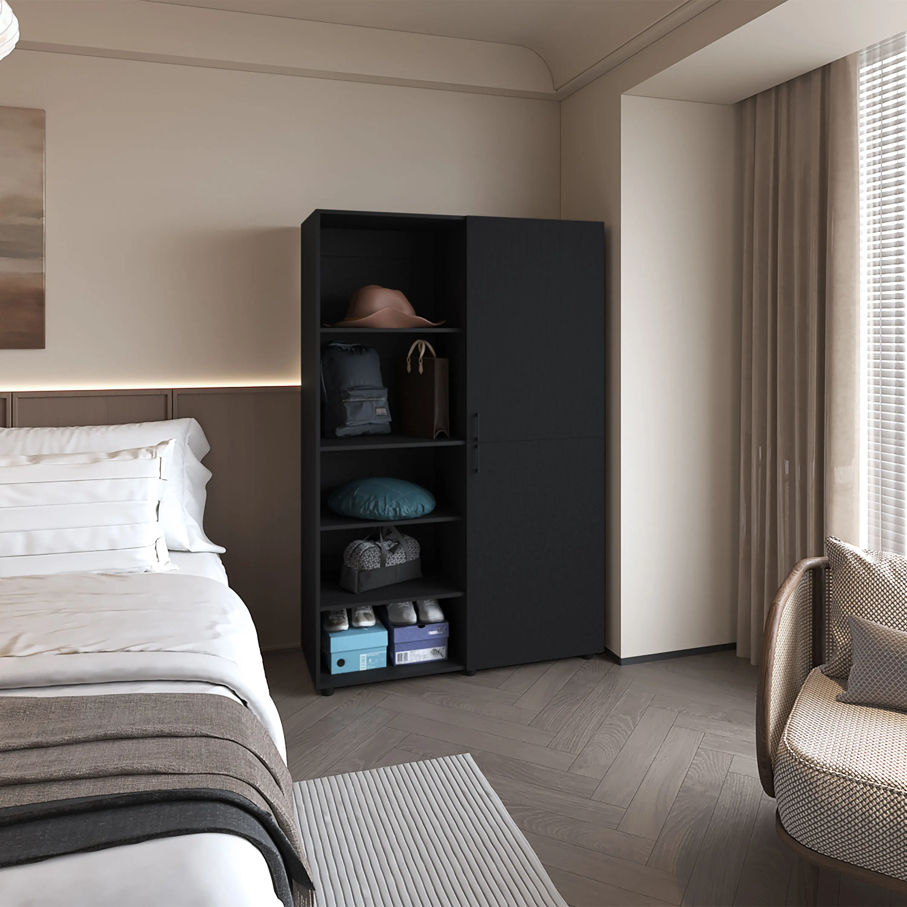 Nokka 2-Door Wardrobe with Open Storage for Bedroom, Modern Wenge Finish, Scratch-Resistant Melamine Particle Board, Hanging Rod & Shelves, 47.2W x 18.4D x 72.4H Inches, Assembly Required