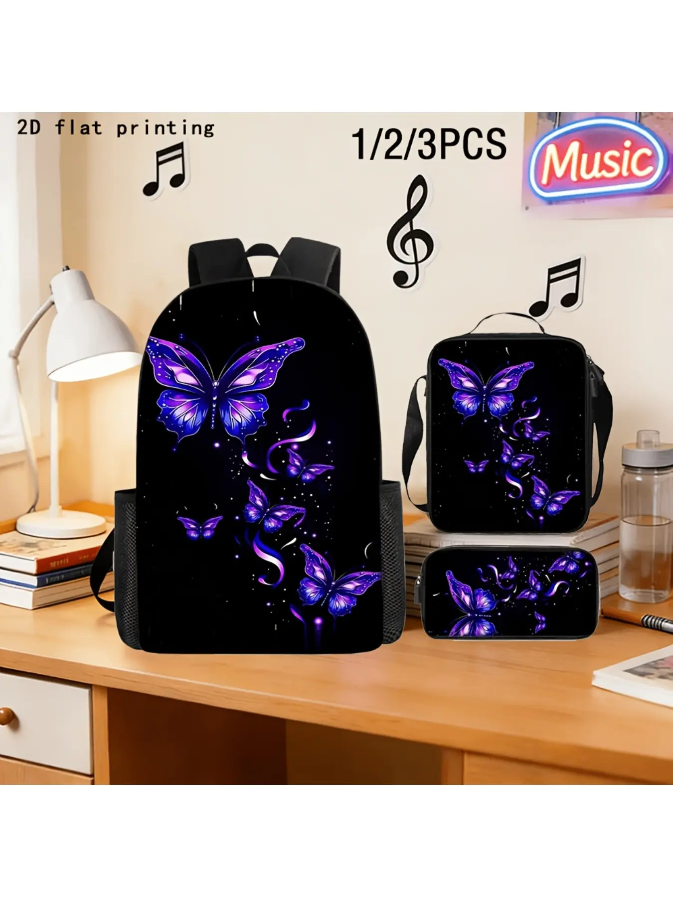 3pcs Purple Butterfly Starry Sky Backpack 2D Flat Printing Butterfly Dream Starry Night Theme Lightweight Fashion Large Capacity Double Shoulder Bag Very Suitable for School, Hiking, And Outdoor Activities
