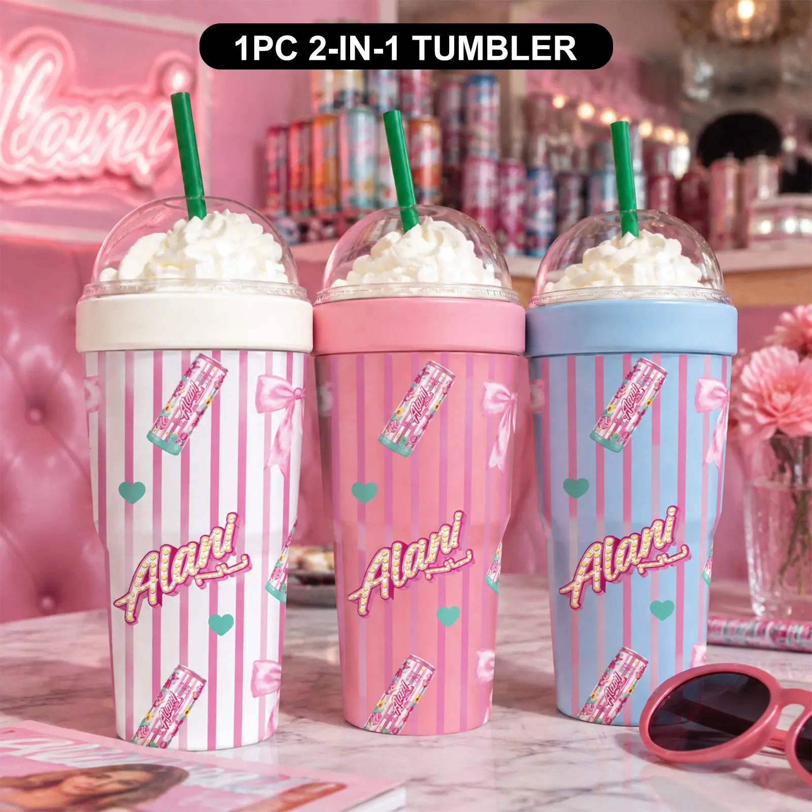 1PC 32oz Cute Pink Soda Can & Bow Print 2-in-1 Insulated Tumbler & Iced Coffee Cup Sleeve, Leak-Proof Double Wall Vacuum Stainless Steel Travel Mug, Cold 12+H & Hot 6+H, Fits 16–24oz To-Go Cups, Birthday & Christmas Gift