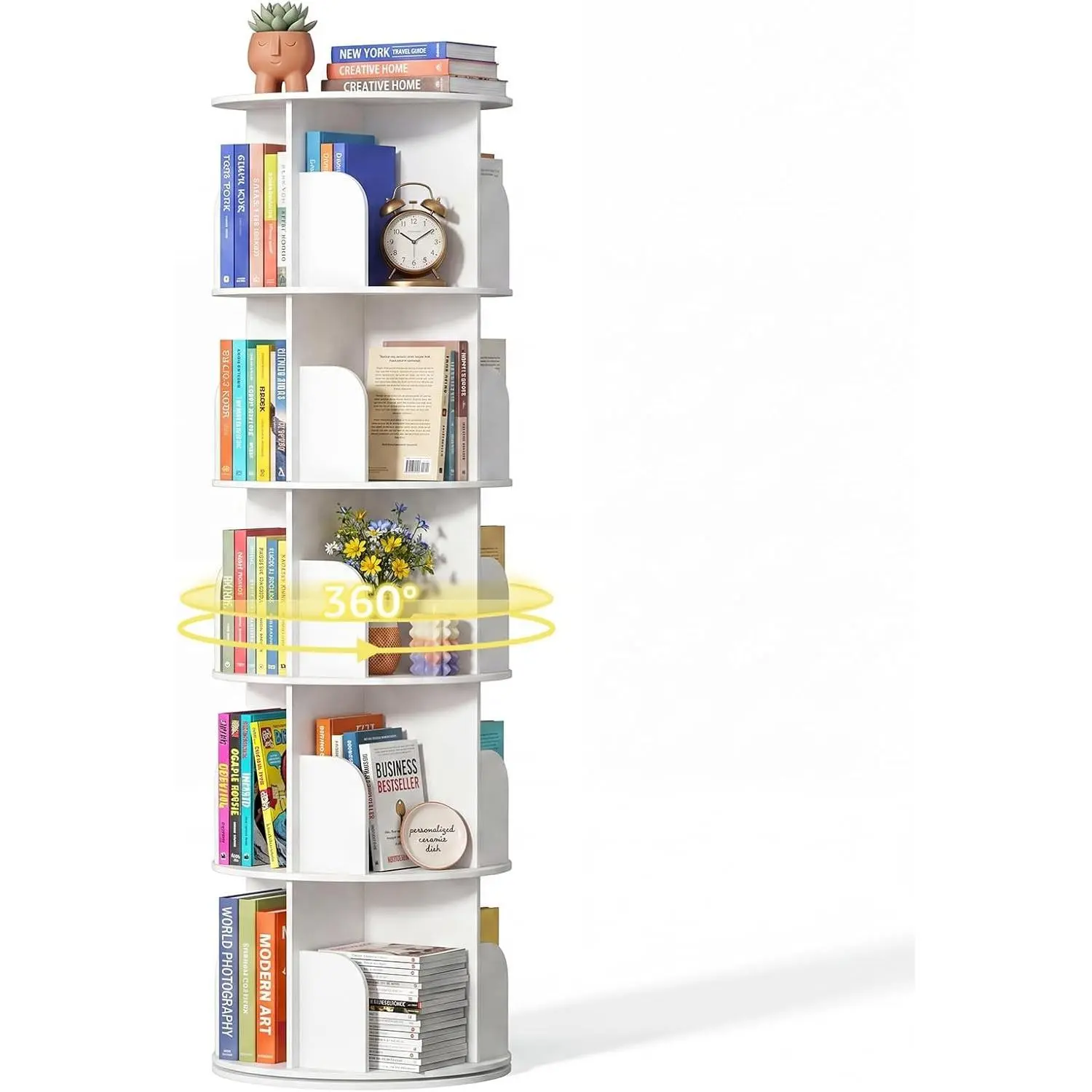 5 Tier Rotating Bookshelf Tower, Study Spinning Bookshelf for Small Space, 360° Display Revolving Bookcase Lazy Susan, Freestanding Vertical Corner Book Shelf for Bedroom, Living Room, White