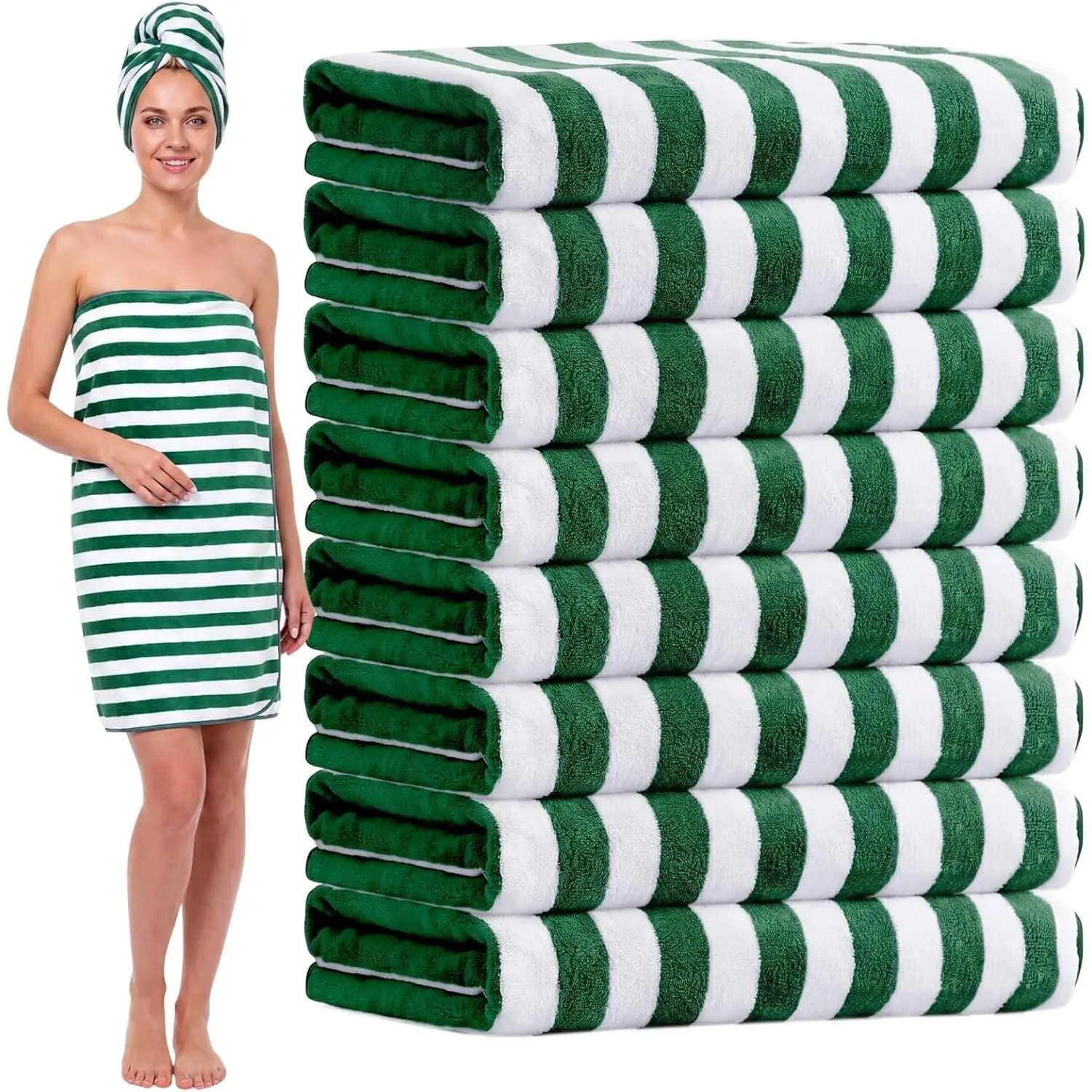 8 Pack Microfiber Bath Towels Bulk 27'' x 60'' Oversized Highly Absorbent Extra Large Shower Sheets Soft Drying for Beach Pool Bathroom Salon Party Wide Stripe Green