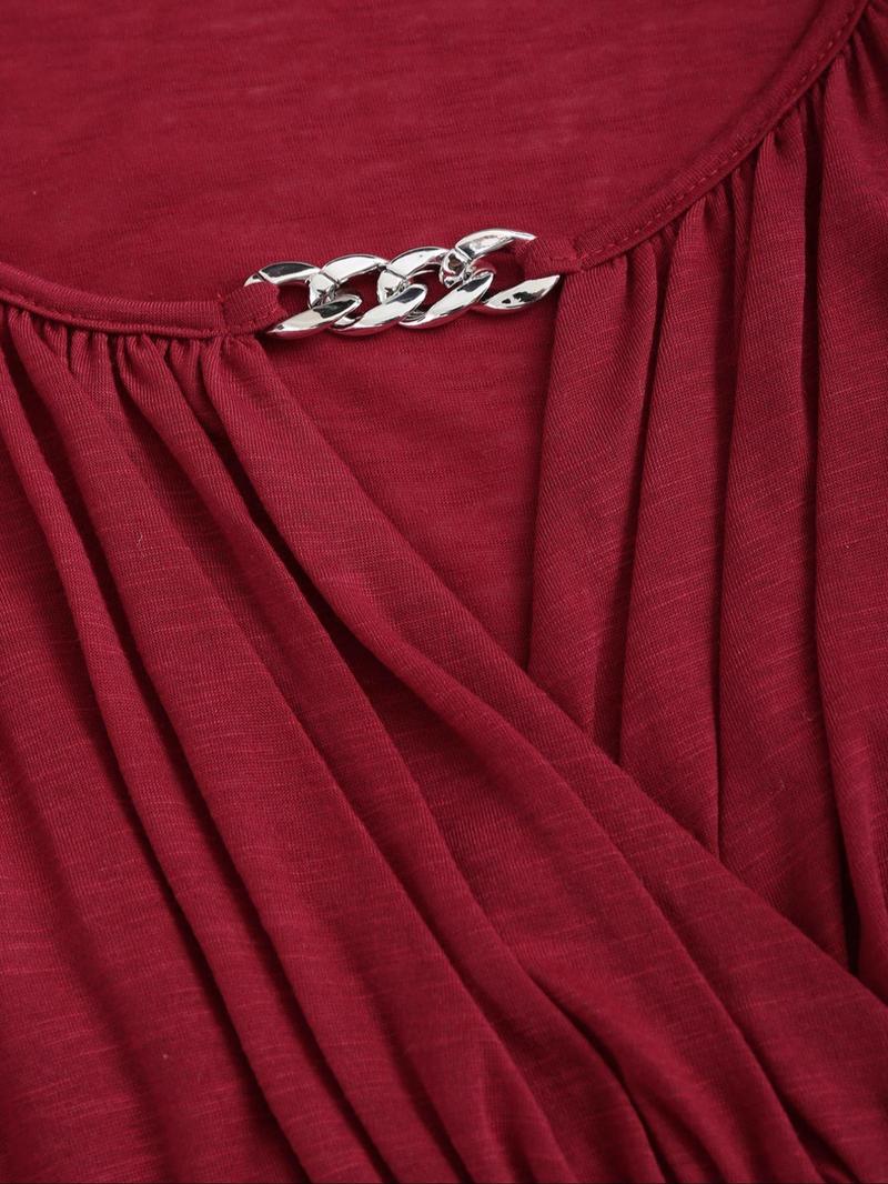 【Plus Size】 Solid Color Cut Out Belted Wrap Tee, Casual Flounce Sleeve Pleated Hem T-shirt for Fall & Winter, Women's Clothes for Daily Wear