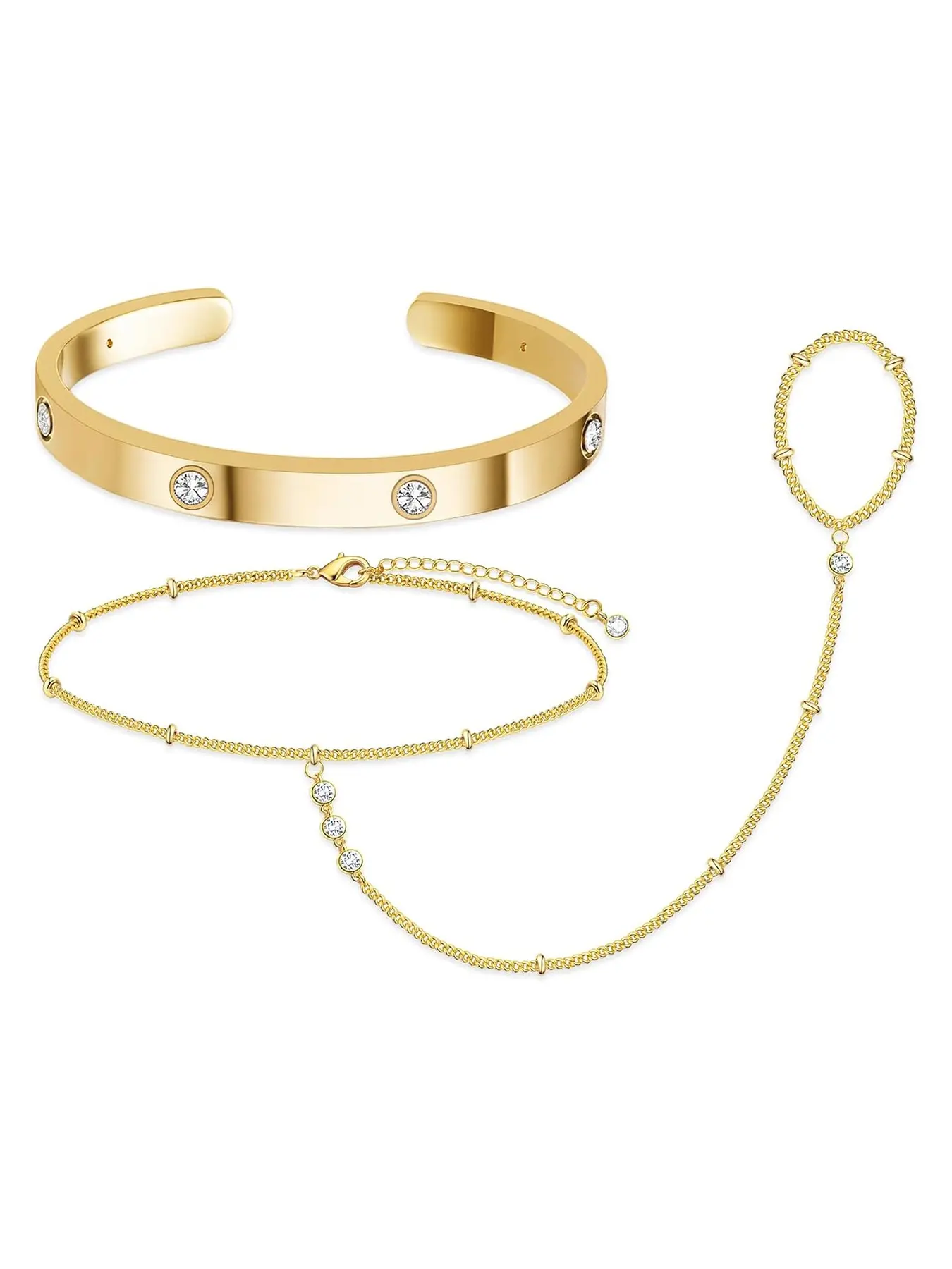 Bracelets for Women Gold/Silver Plated Dainty Stackable Hand Chain Bracelet Trendy Ring Chain Bangle Cuff Bracelets Adjustable Body Jewelry Set Gifts