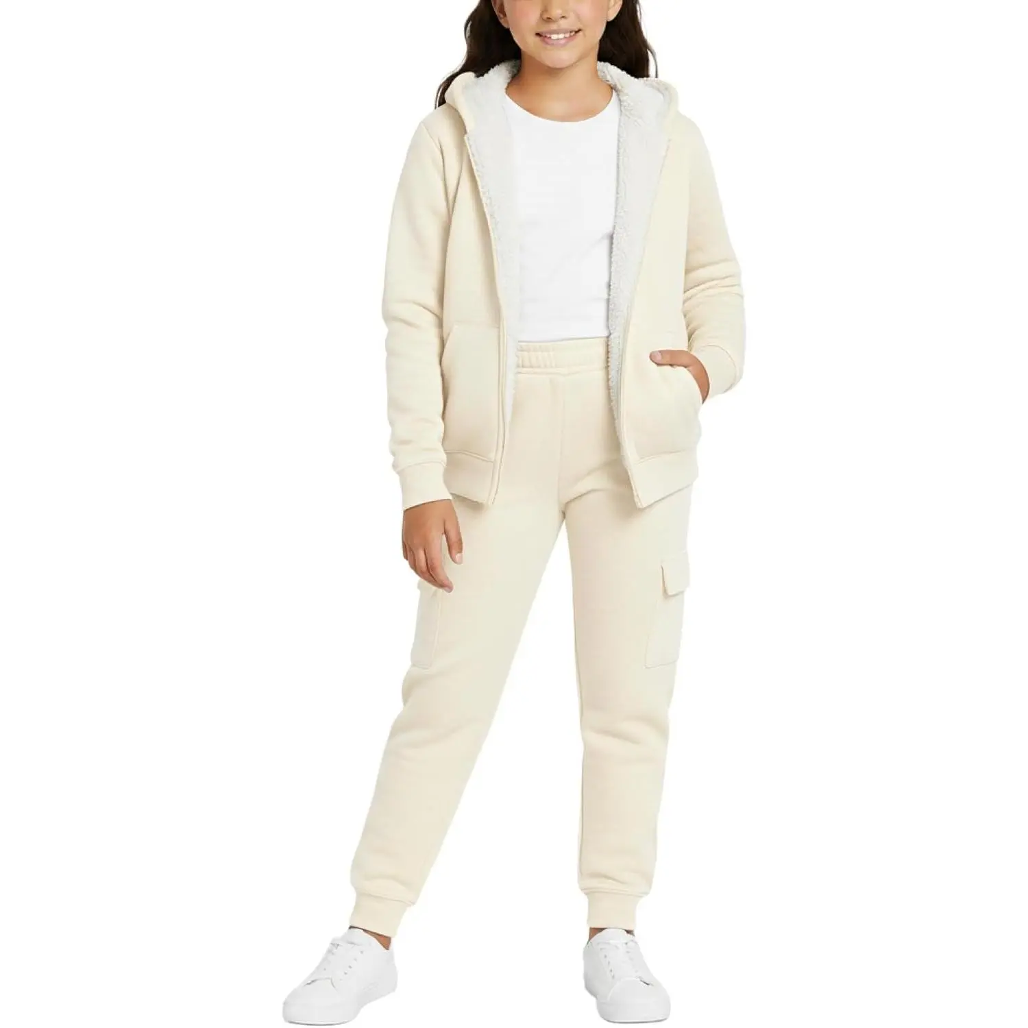 Girls' Cute 2-Piece Long Sleeve Fleece Activewear Tracksuit Set - Sherpa-Lined Zip Hoodie, Cargo Sweatpants, Comfy Plush Interior, Stretch Ribbed Waistband, Heavyweight Warmth for Cold-Weather Play, Athletic Clothes