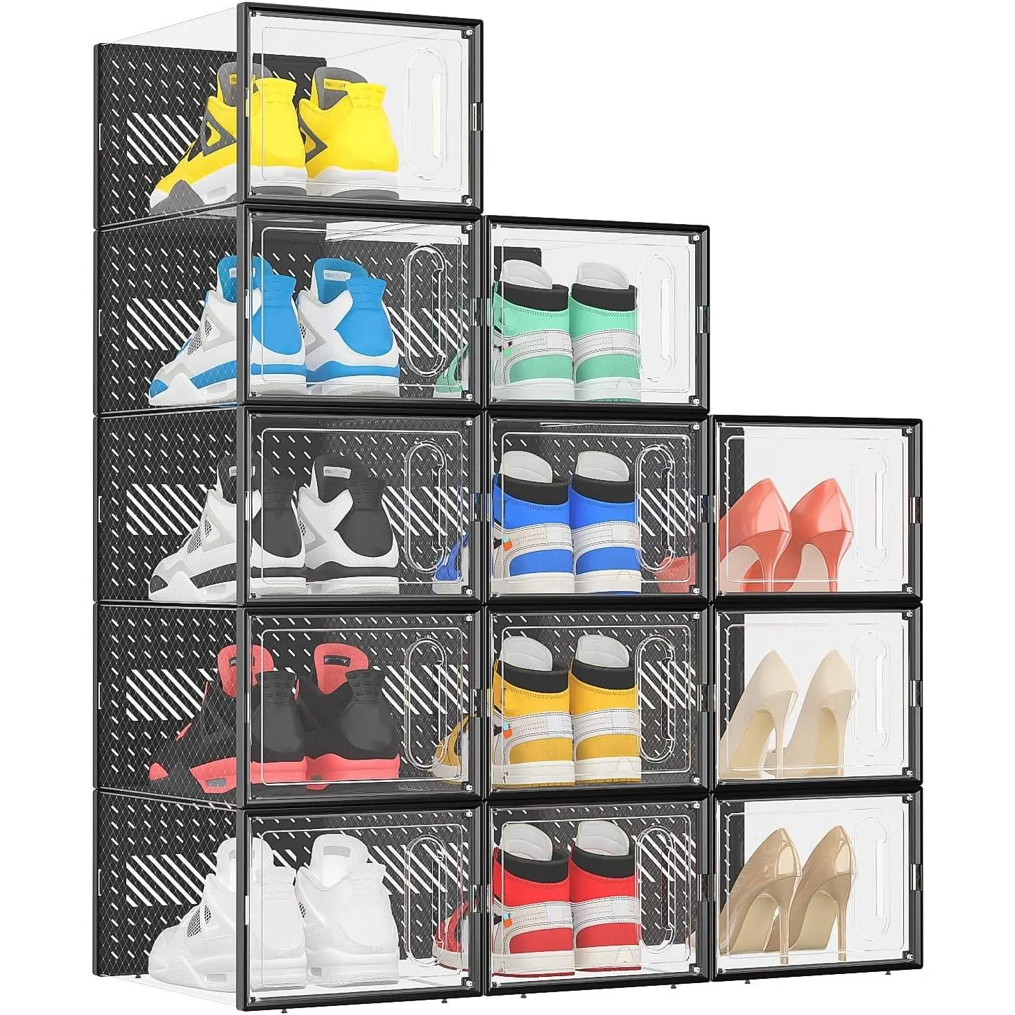 X-Large Shoe Boxes with Magnetic Door, 12-Pack Stackable Shoes Storage Organizer for Closet, Clear Plastic Sneaker Container Shoe Rack for Size 12, Black