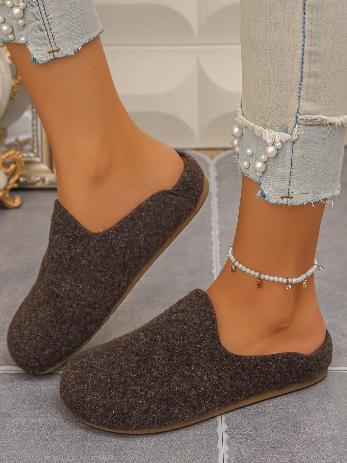 Women's Fashion Comfortable Backless Birkenstock Half Sandals, Woolen Fabric Soft Sole Slippers, Vintage Style Daily Commute Lazy Mueller Shoes