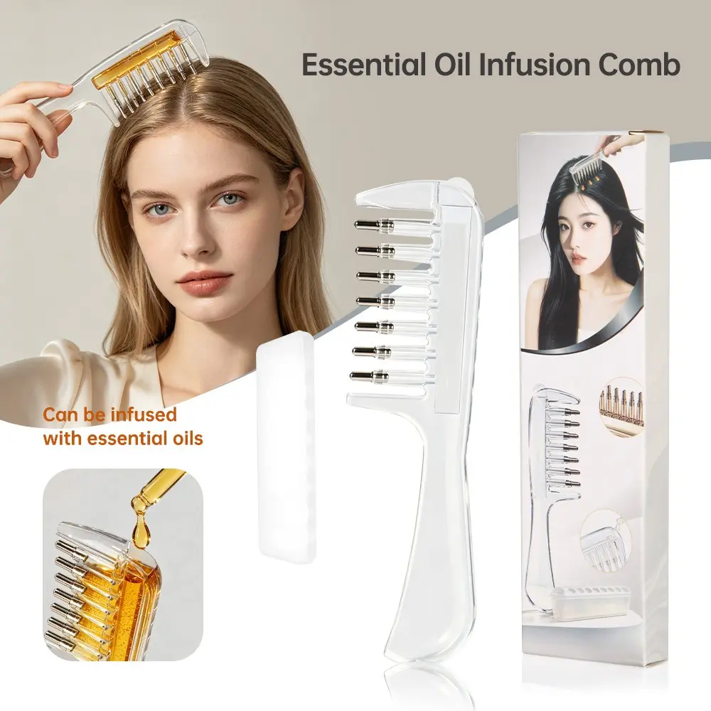 Unisex Transparent Clear Essential Oil Massage Comb, Metal Hollow Teeth, Home Hair Care Tool, Beard Oil Applicator, Multi-Functional Hair Brush, Scalp Comb, Hair Grooming Brush, Hair Combs, Scalp Detox Comb