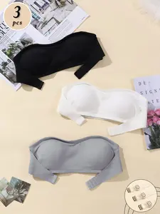 3-Color Combo Strapless Bra. Wireless No Underwire, Side Buckle 3-Row Closure, Body Fit No Shifting, Invisible Anti-Slip, Removable Pads, Multiple Ways To Wear Comfortable No Digging.