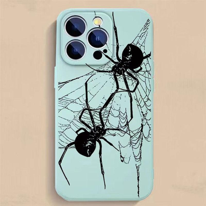 Two Black Spider Pattern Straight Edge Case for iPhone 17 16 15 14 Pro Max 13 12 11 XR XS Plus Shockproof Non Slip Military-Grade Protection Silicone Cove
