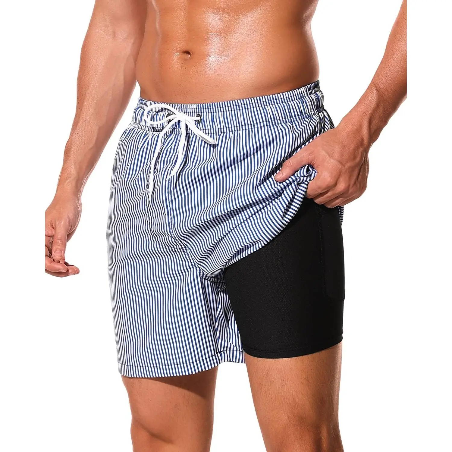 Mens Swimming Trunks with Compression Liner 2 in 1 Quick-Dry Swim Shorts with Zipper Pockets