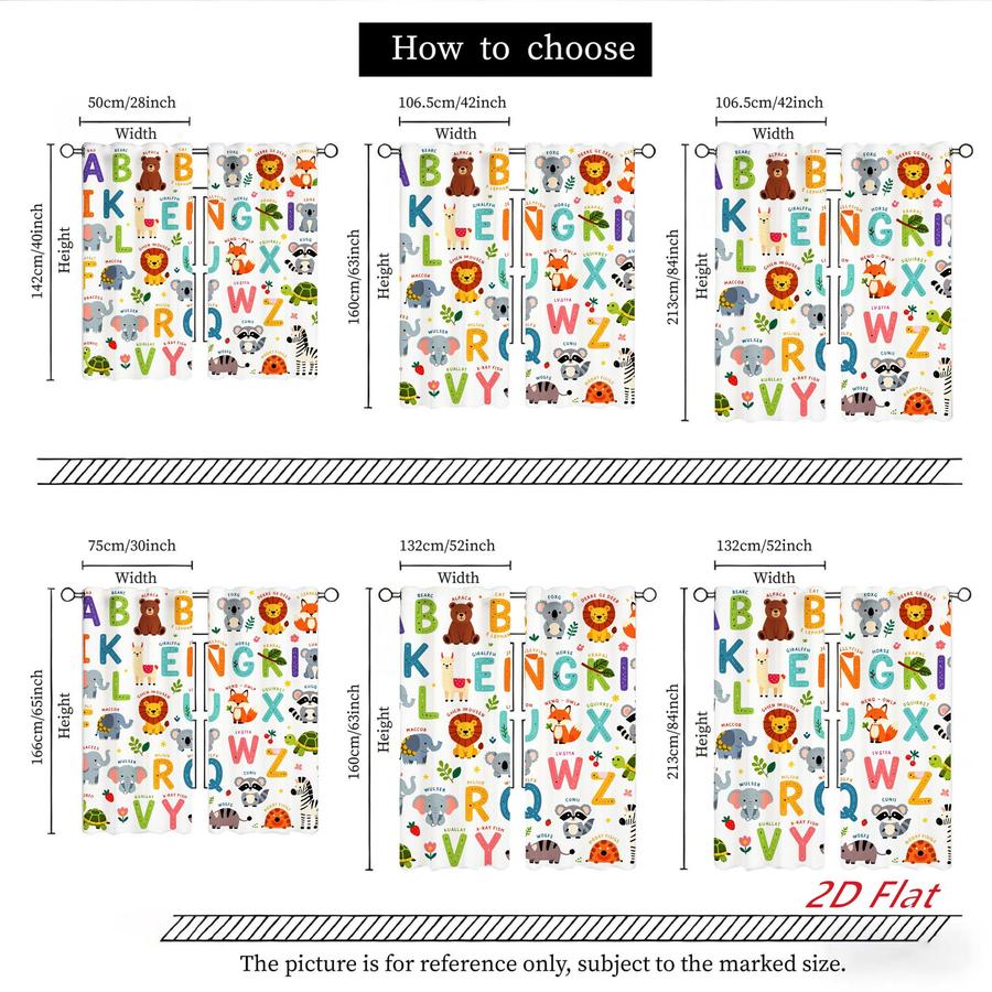 2Pcs Cartoon Animal Alphabet Kids Curtains Digital Printed Rod Pocket, Window Treatment For Bedroom Office Kitchen Living Room Study Home Decor