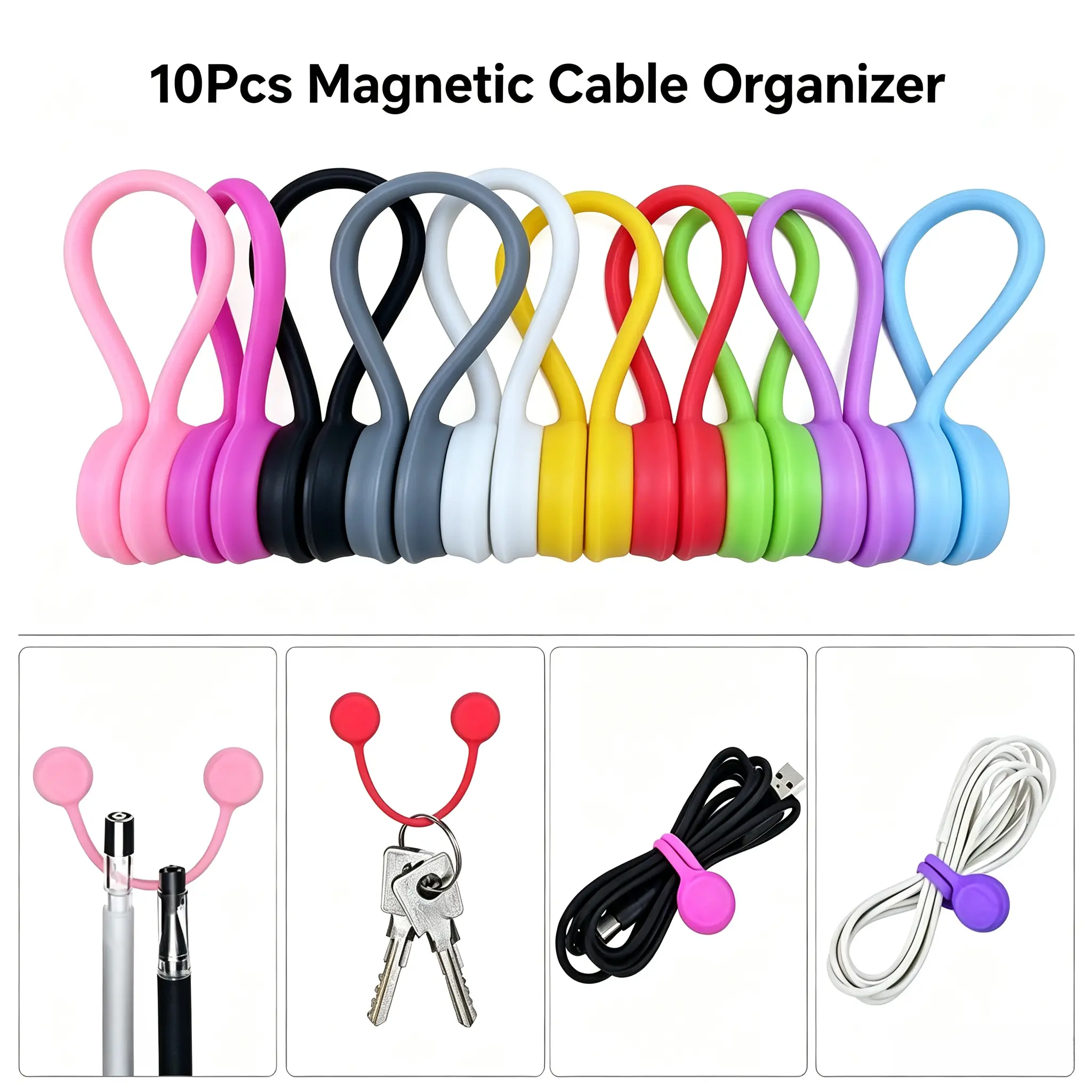 10 Pack Colorful Magnetic Silicone Cable Ties, Cable Management Tool, Cable Management Kit for Home Office Desk,Desk Organizers & Accessories-YY1