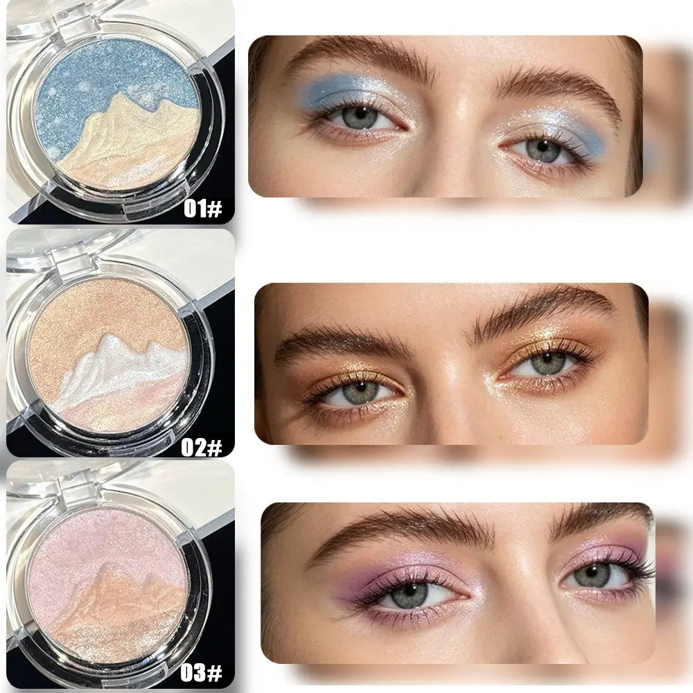 Mountain Peak Highlighter Makeup, 3 Shades Shimmer Stardust Highlighter Powder, Multi-use Face Highlight for Contour, Cheekbone, Eyeshadow & Collarbone, Buildable Glow Highlight for All Skin Tones