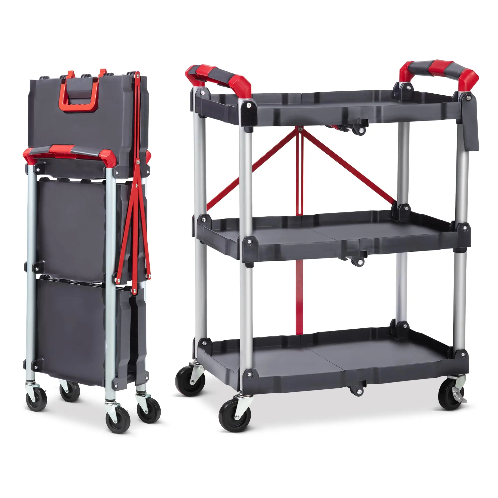 GARVEE 3 Tier Folding Utility Cart - Collapsible Service Cart for Office, Warehouse, and Home Use in Grey & Red