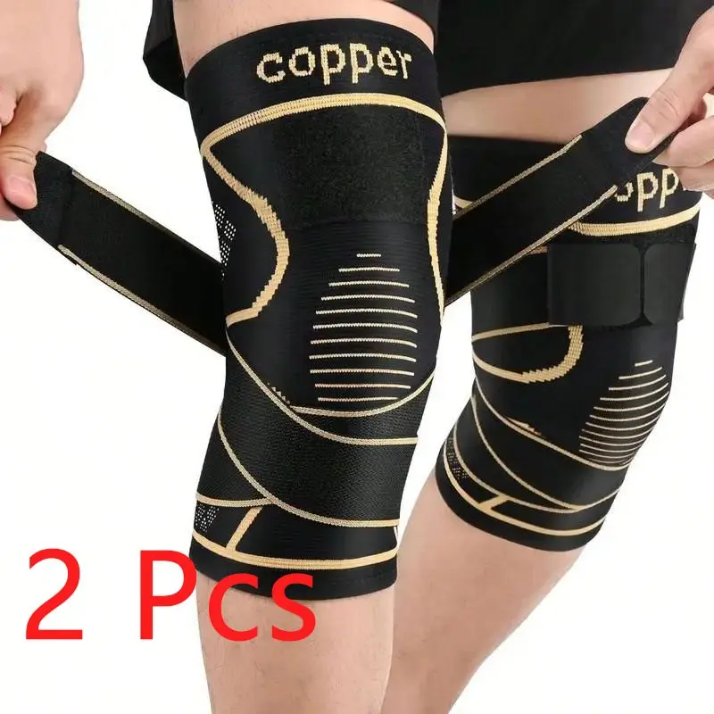 2 Pcs Copper Infused Knee Compression Sleeve with Adjustable Stabilizer Straps, Breathable Knee Support Brace for Sports Running Gym Arthritis Joint Pain Relief for Men Women