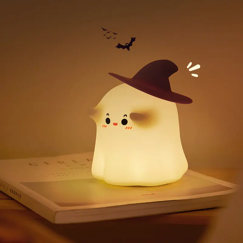 Cute Ghost Tap Control Night Light, Type-C Rechargeable Silicone Lamp, 3-Level Dimmable Indoor Bedside Lamp, Halloween Kawaii Room Decor Gift for Kids