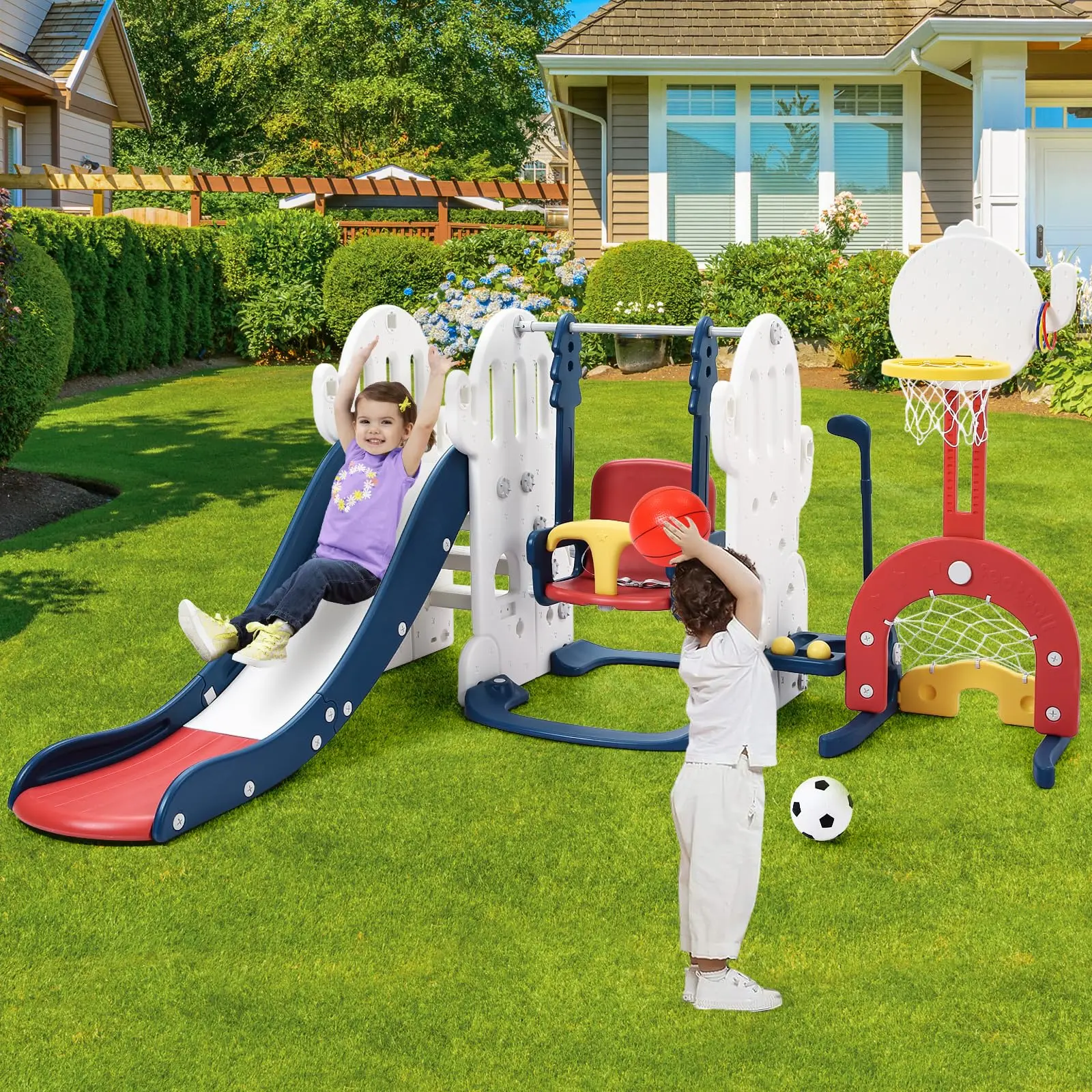 GARVEE 7-in-1 HDPE Plastic Toddler Slide Playset - Playground Equipment with Adjustable Swing, Climber, Hoop, Soccer, Golf & Ring Toss for Ages 1-3 Indoor/Outdoor Play
