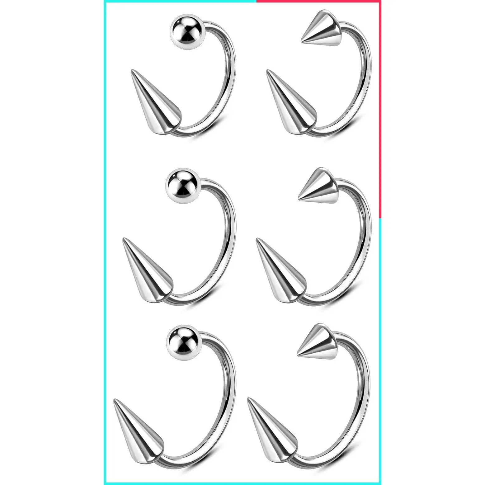 6PCS 16G Horseshoe Labret Rings 8/10/12MM with Spike/Ball, 316L Surgical Steel Snake Bites Lip Septum Helix Conch Piercing Jewelry Set