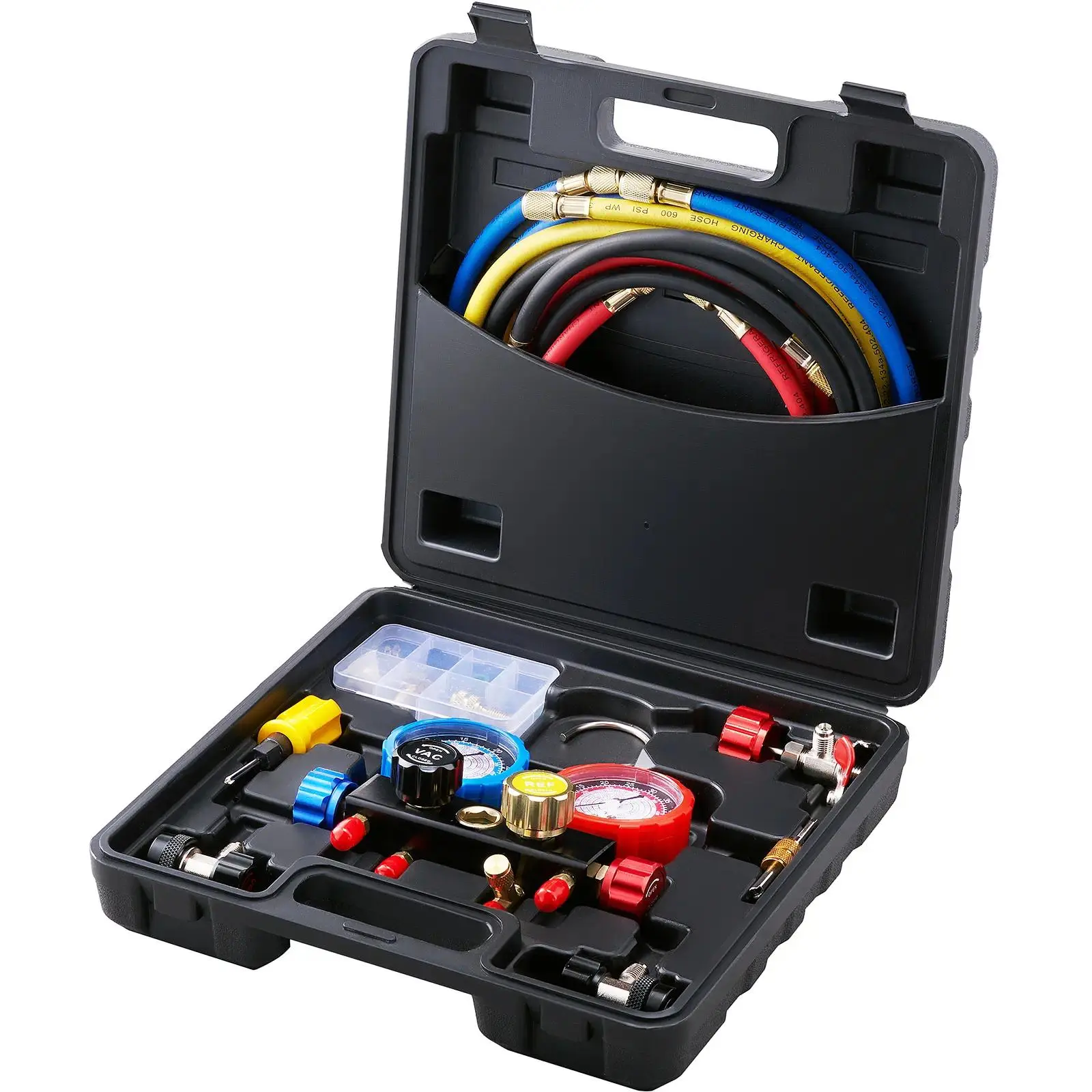 VEVOR AC Gauge Set - 4 Way AC Manifold Gauge Set for R134A R22 R12 R410A Refrigerant Freon Gauges with 5ft HosesCouplersCan Tap Works on Car Auto Freon Charging and Evacuation,father'sdaygifts