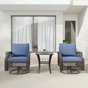 3-Piece Outdoor Swivel Chair Set Wicker Patio Bistro Set with Thickened 25D Cushions & Glass Coffee Table, Conversation Furniture for Deck, Yard, Garden, and Poolside – Gray, Khaki, Navy Blue, Orange, Turquoise