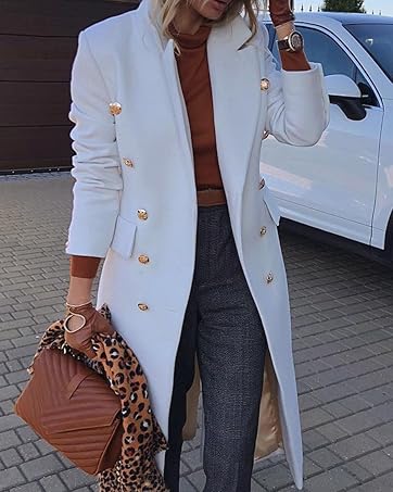 FMEYOA Women's Elegant Notched Collar Double Button Slim Long Wool Blend Pea Coat Jacket